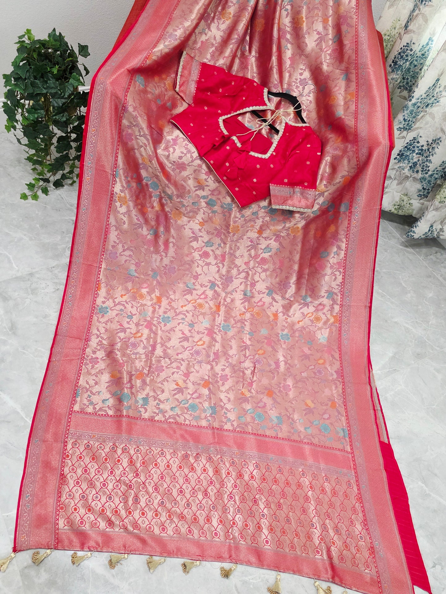 Rani Red Benarasi Paithani Brocade Designer Saree with Stitched Blouse