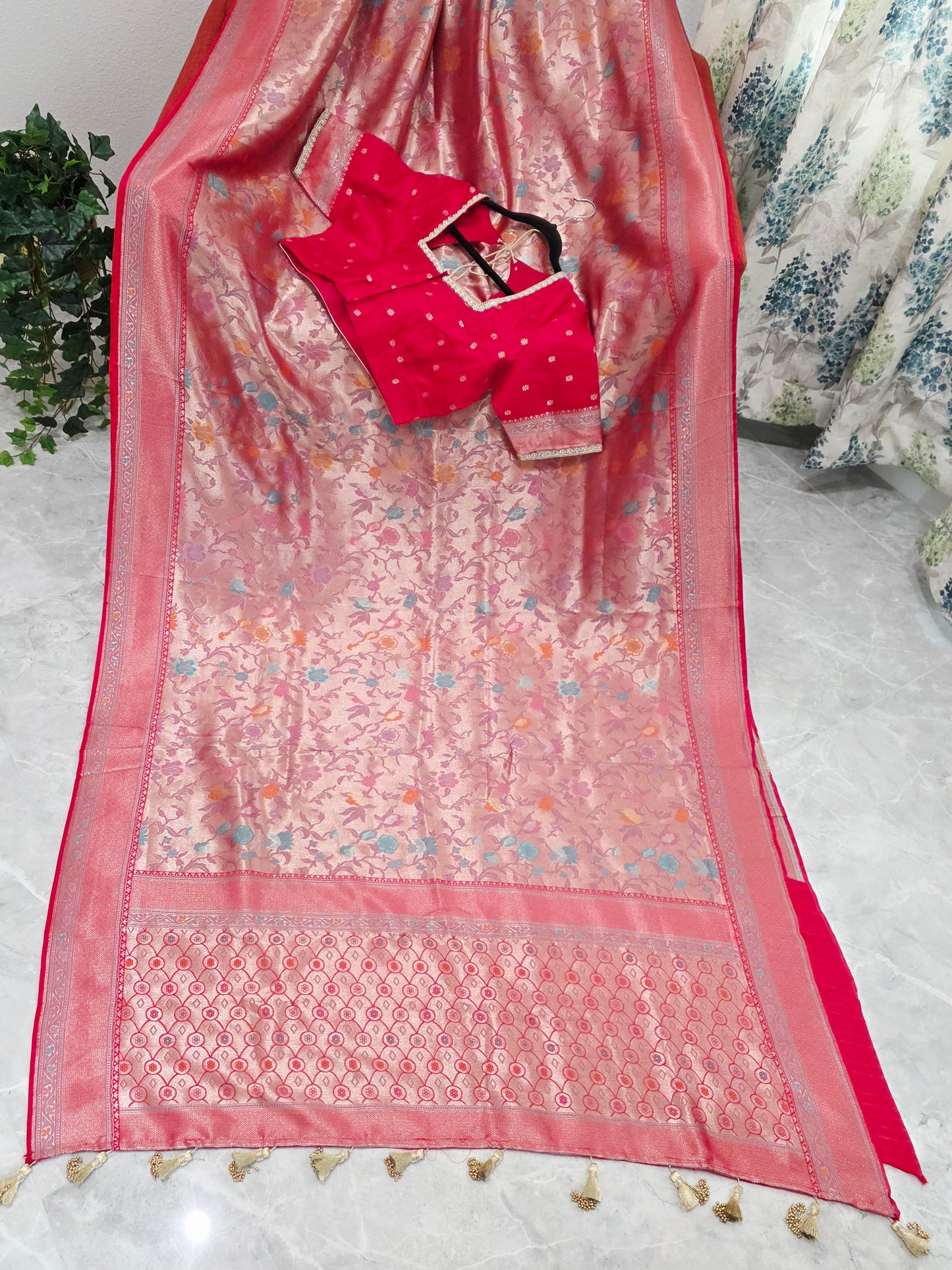Rani Red Benarasi Paithani Brocade Designer Saree with Stitched Blouse