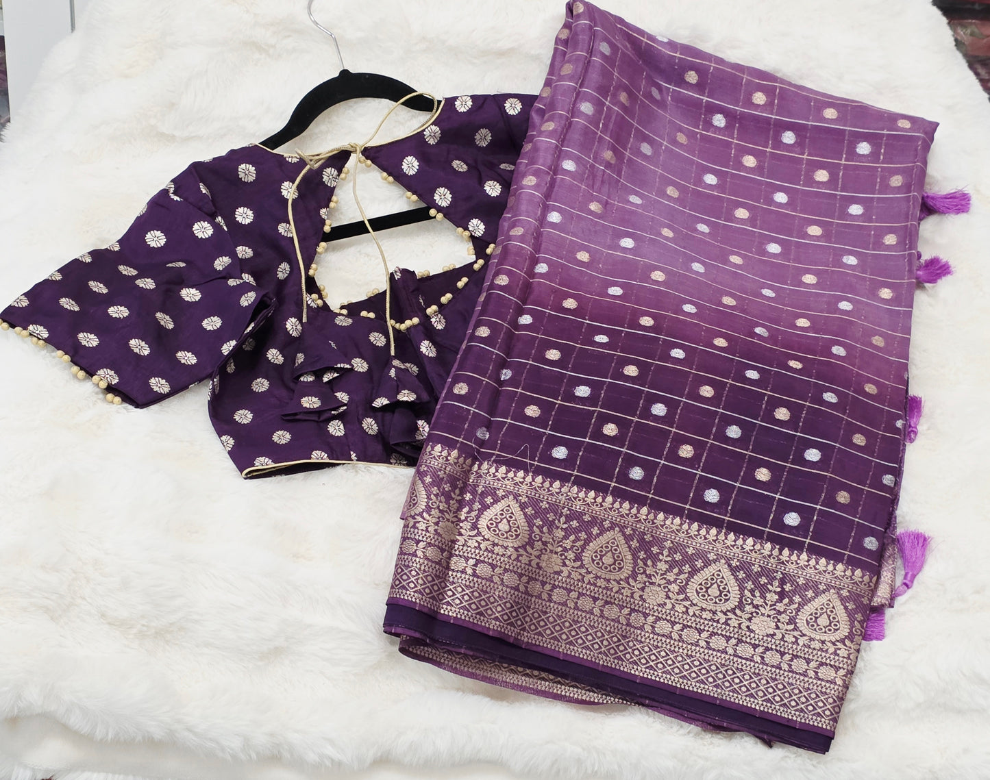 Royal Aubergine Purple Vintage Checks Chinon Crepe Silk Saree with Stitched Blouse