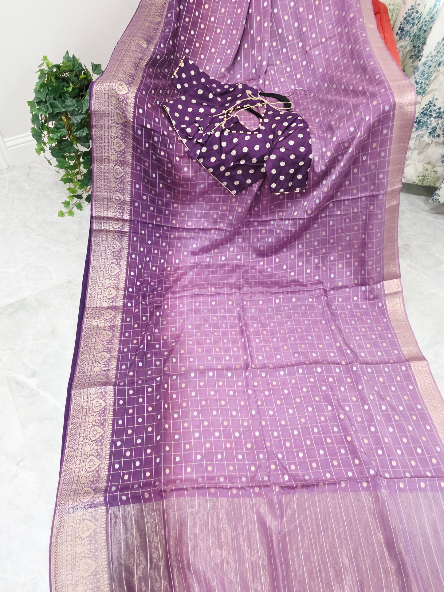 Royal Aubergine Purple Vintage Checks Chinon Crepe Silk Saree with Stitched Blouse