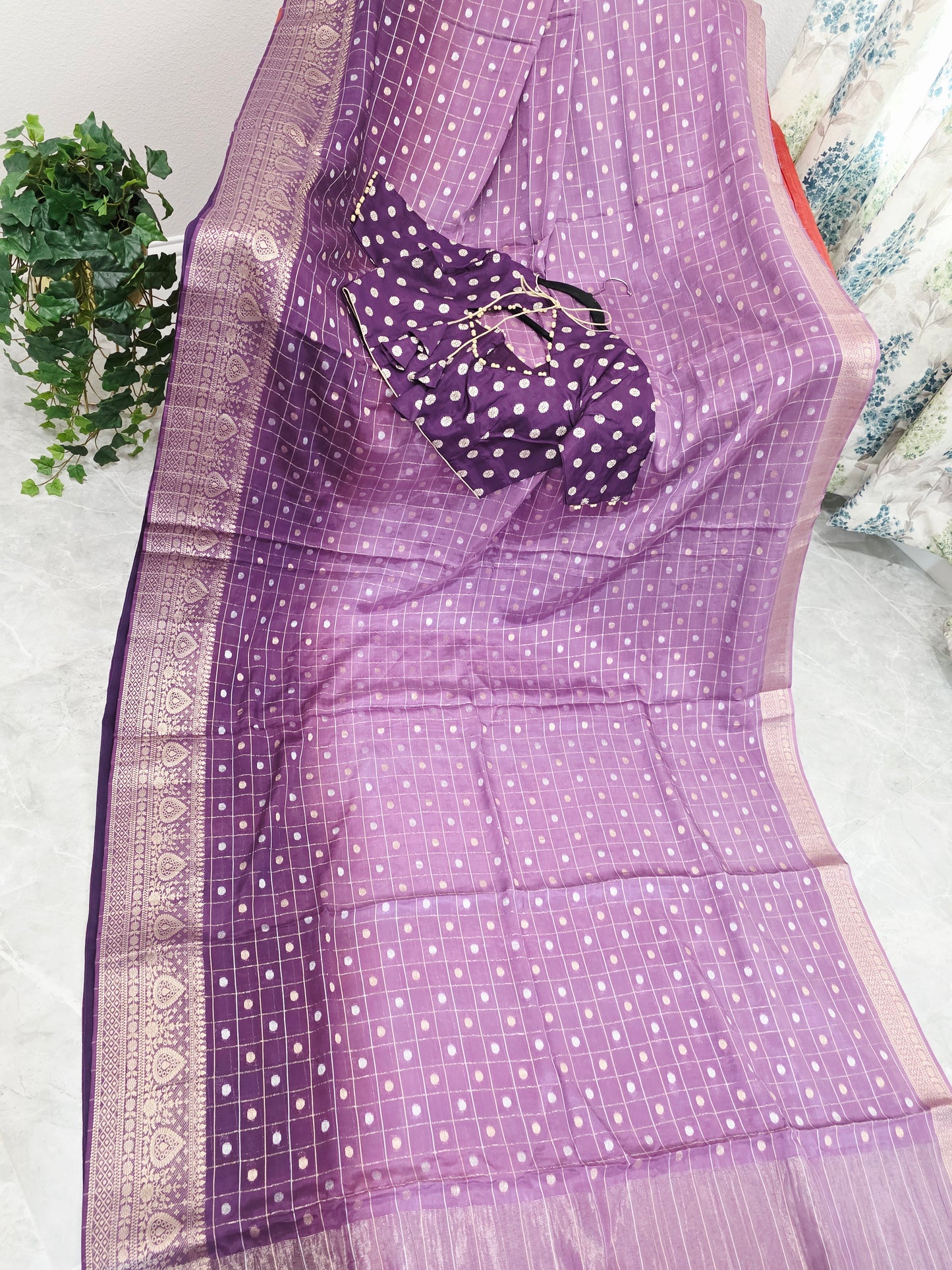 Royal Aubergine Purple Vintage Checks Chinon Crepe Silk Saree with Stitched Blouse