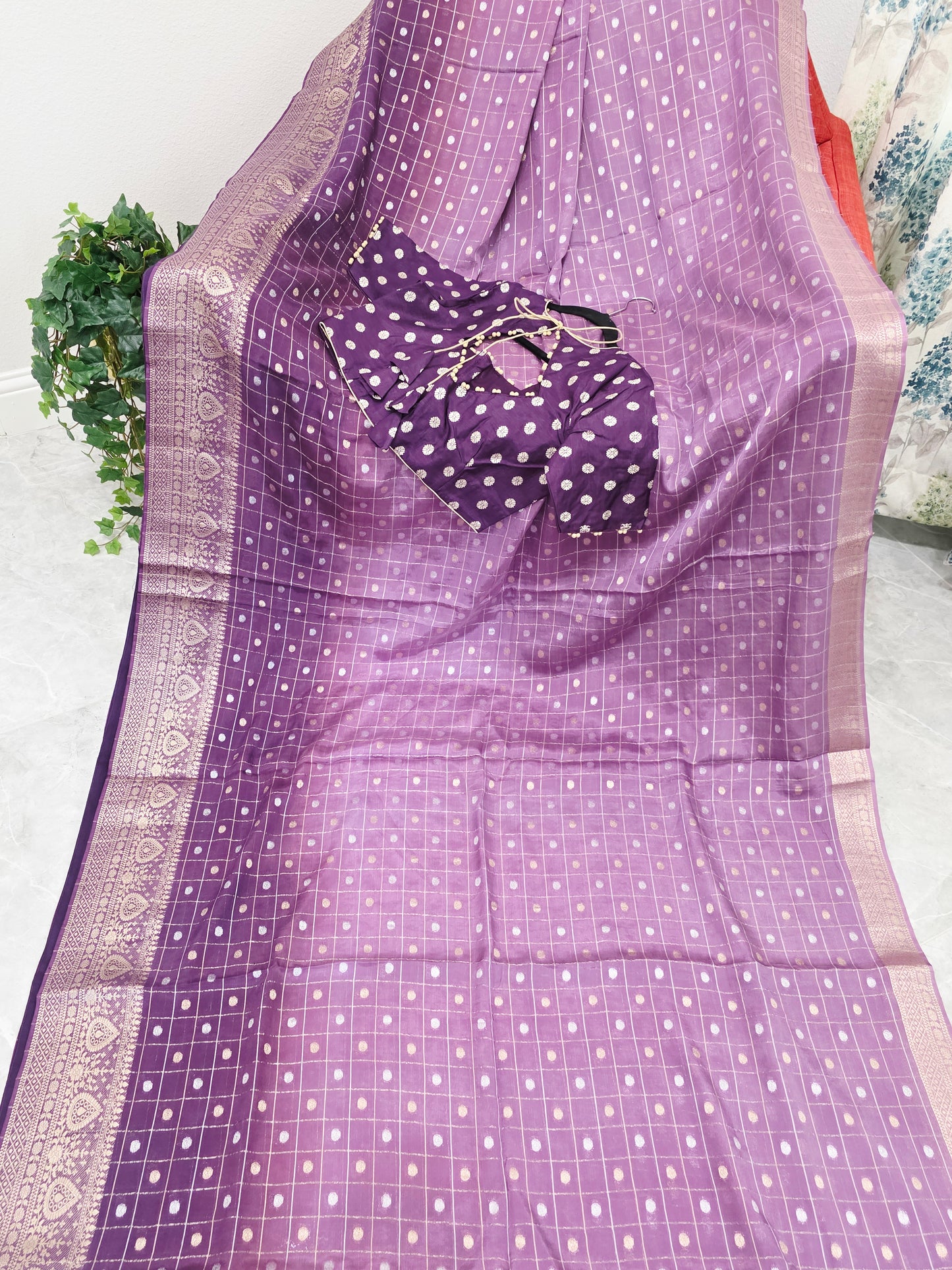 Royal Aubergine Purple Vintage Checks Chinon Crepe Silk Saree with Stitched Blouse
