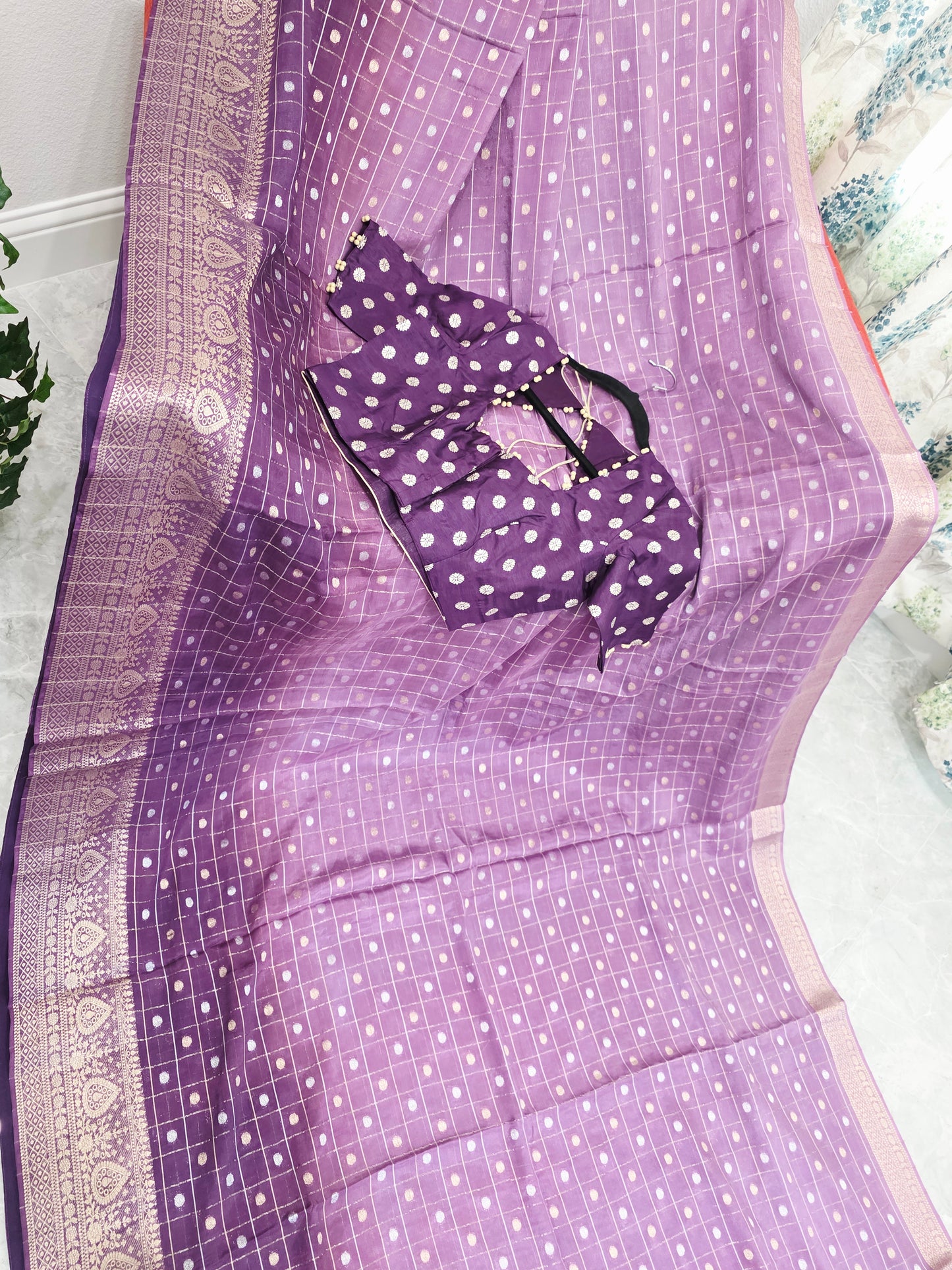 Royal Aubergine Purple Vintage Checks Chinon Crepe Silk Saree with Stitched Blouse