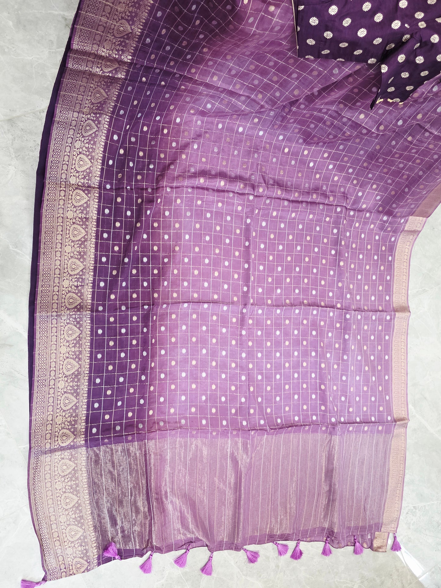 Royal Aubergine Purple Vintage Checks Chinon Crepe Silk Saree with Stitched Blouse