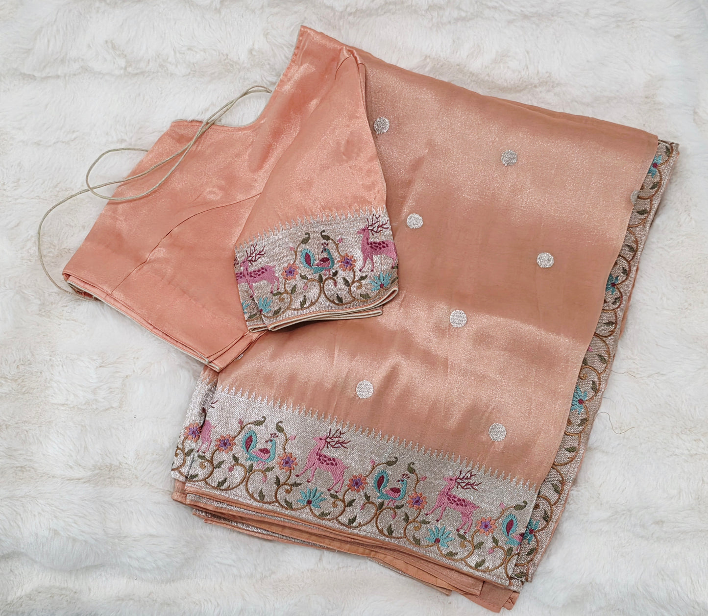 Peach Rose Soft Tissue Silk Saree with Embroidered Border & Stitched Blouse