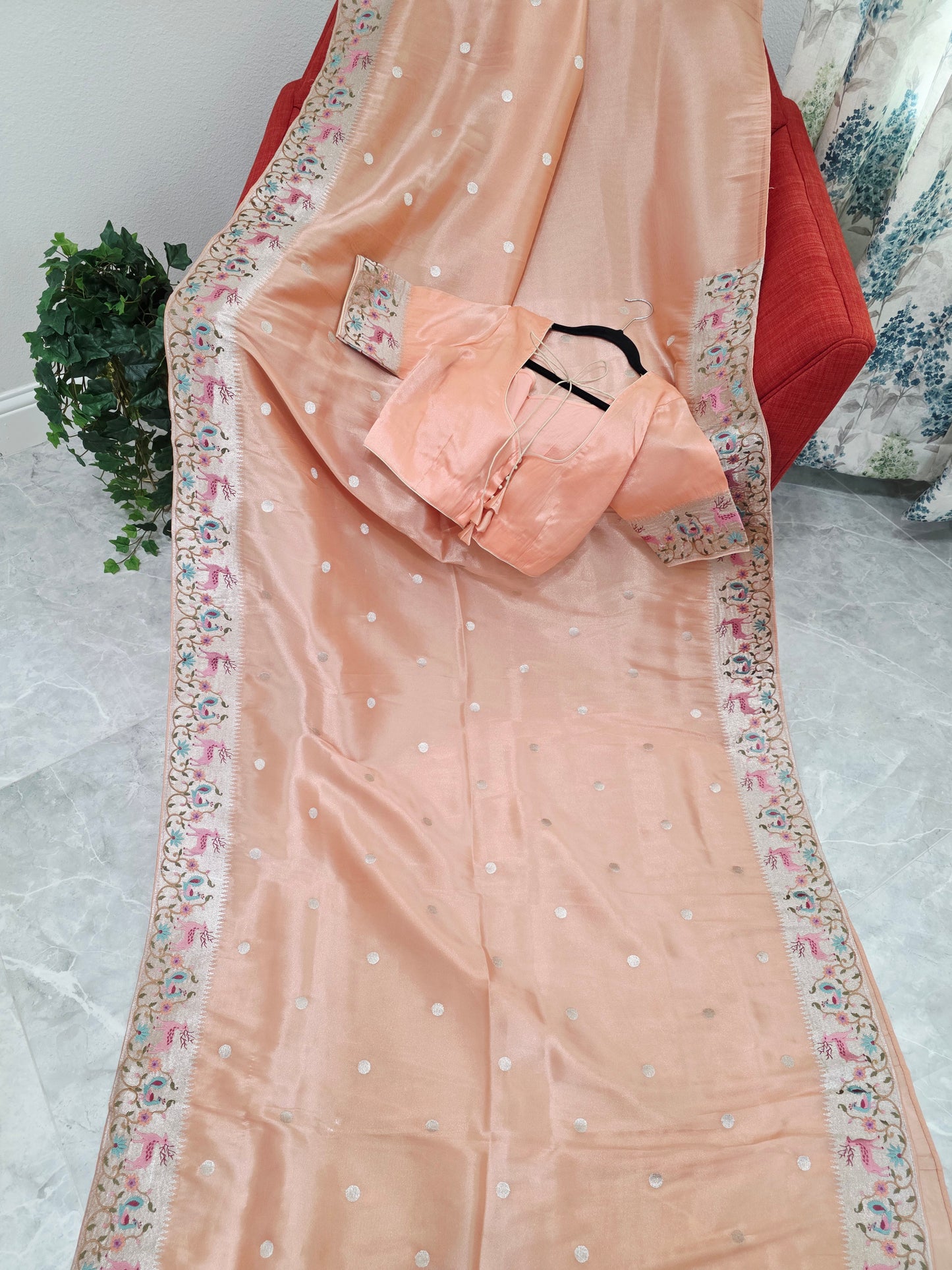 Peach Rose Soft Tissue Silk Saree with Embroidered Border & Stitched Blouse