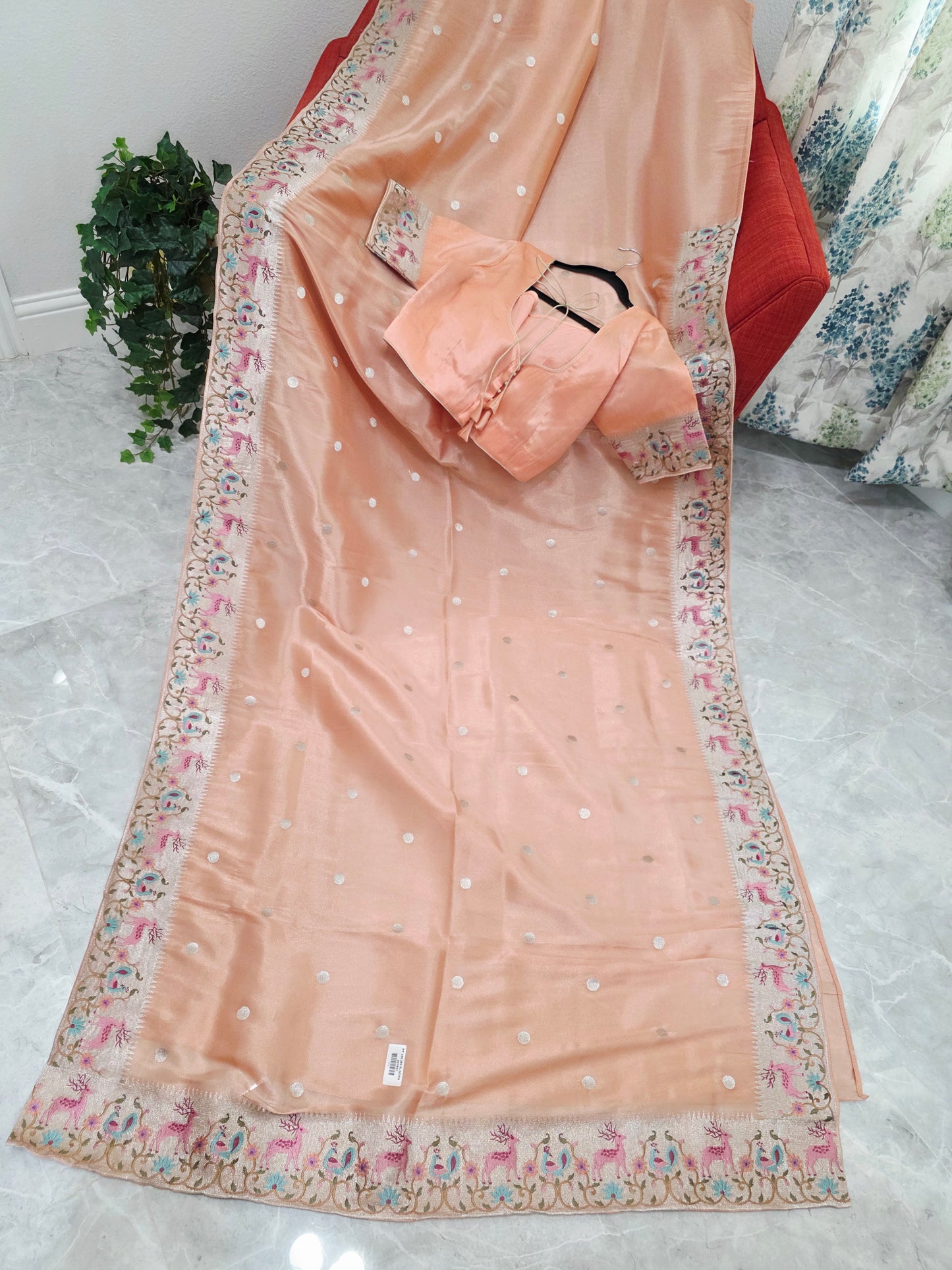 Peach Rose Soft Tissue Silk Saree with Embroidered Border & Stitched Blouse