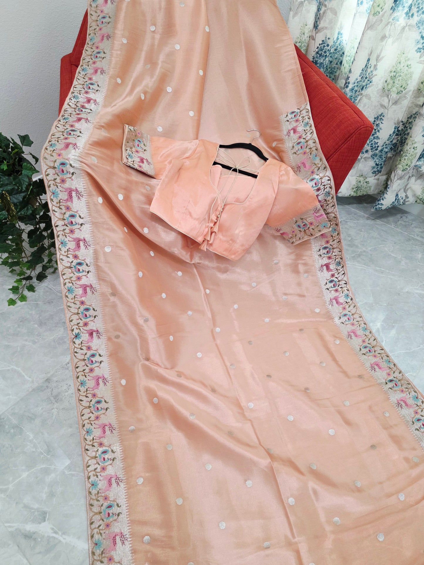 Peach Rose Soft Tissue Silk Saree with Embroidered Border & Stitched Blouse