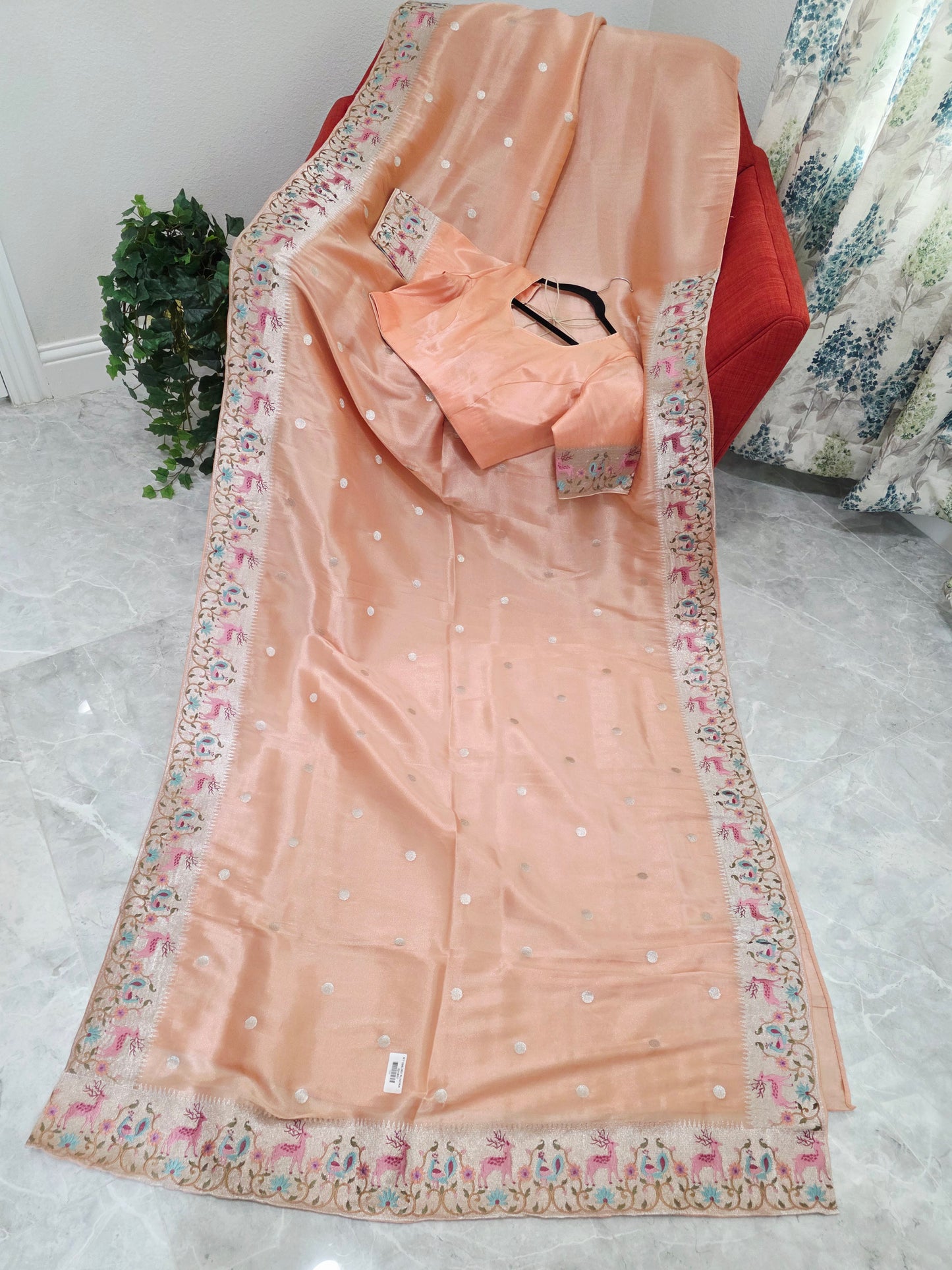 Peach Rose Soft Tissue Silk Saree with Embroidered Border & Stitched Blouse