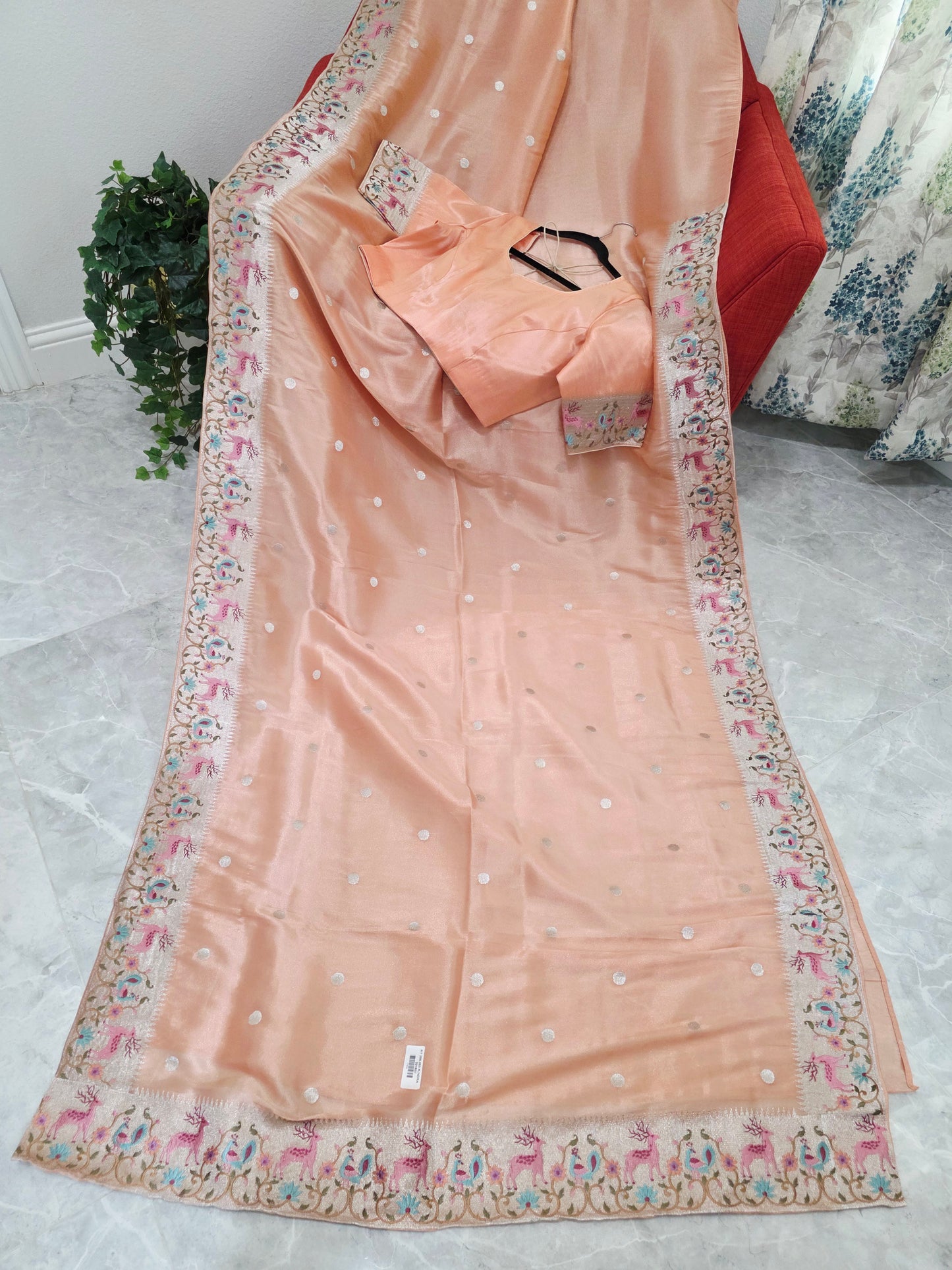Peach Rose Soft Tissue Silk Saree with Embroidered Border & Stitched Blouse