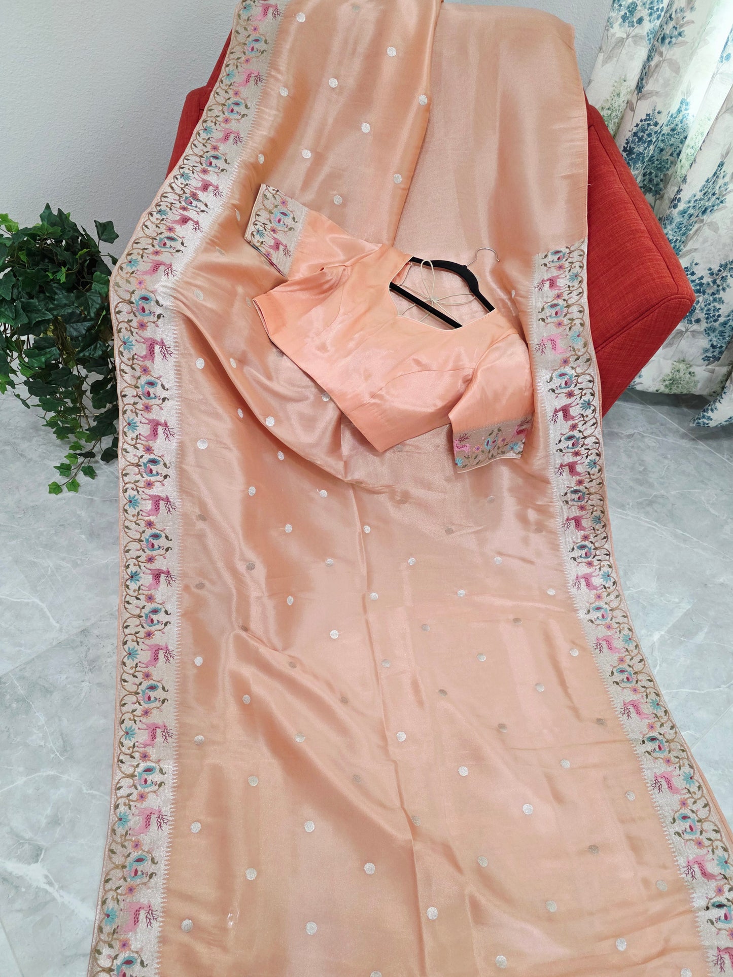 Peach Rose Soft Tissue Silk Saree with Embroidered Border & Stitched Blouse