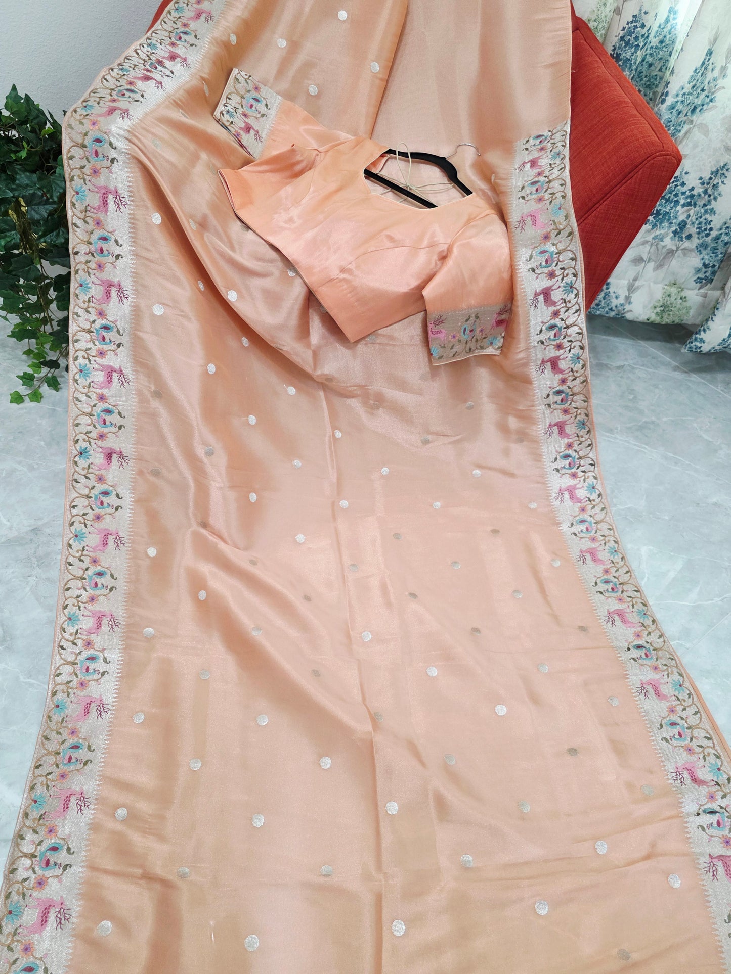 Peach Rose Soft Tissue Silk Saree with Embroidered Border & Stitched Blouse