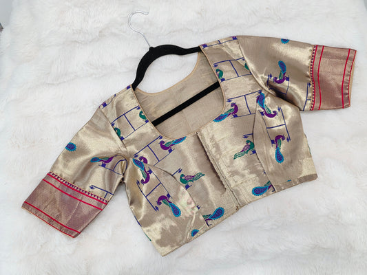 Antique Gold Traditional Paithani Peacock Designer Stitched Blouse