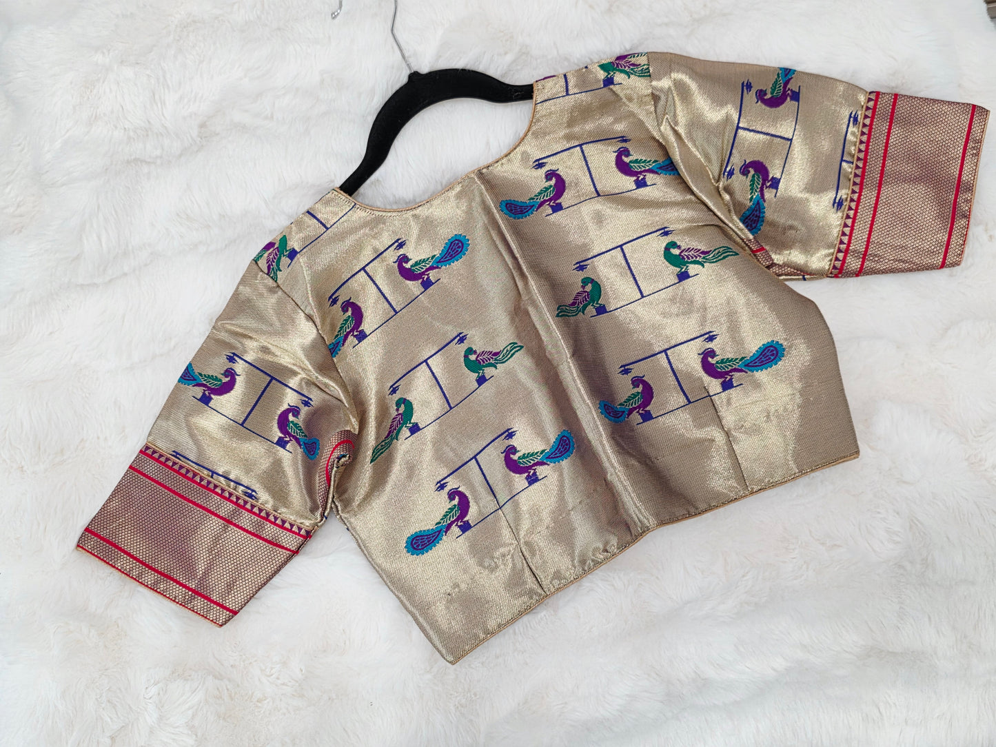 Antique Gold Traditional Paithani Peacock Designer Stitched Blouse