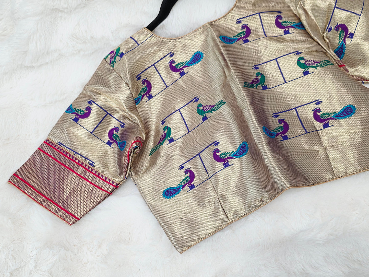 Antique Gold Traditional Paithani Peacock Designer Stitched Blouse