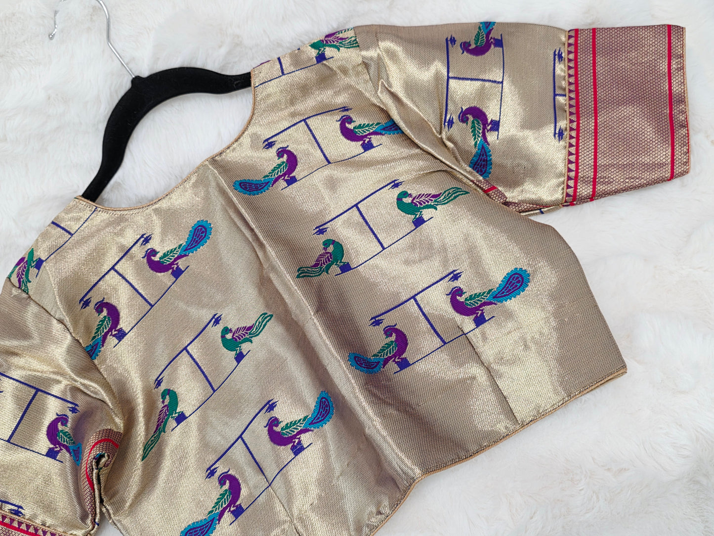 Antique Gold Traditional Paithani Peacock Designer Stitched Blouse