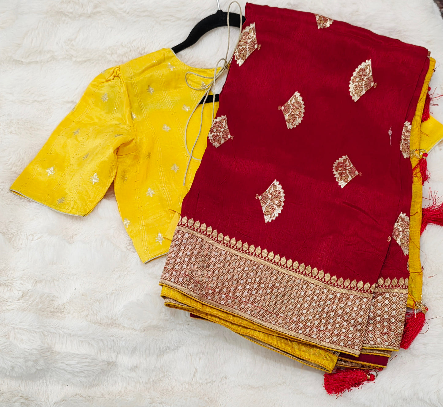 Royal Ruby Red Munga Crepe Silk Saree with Gold Brocade Border & Stitched Blouse