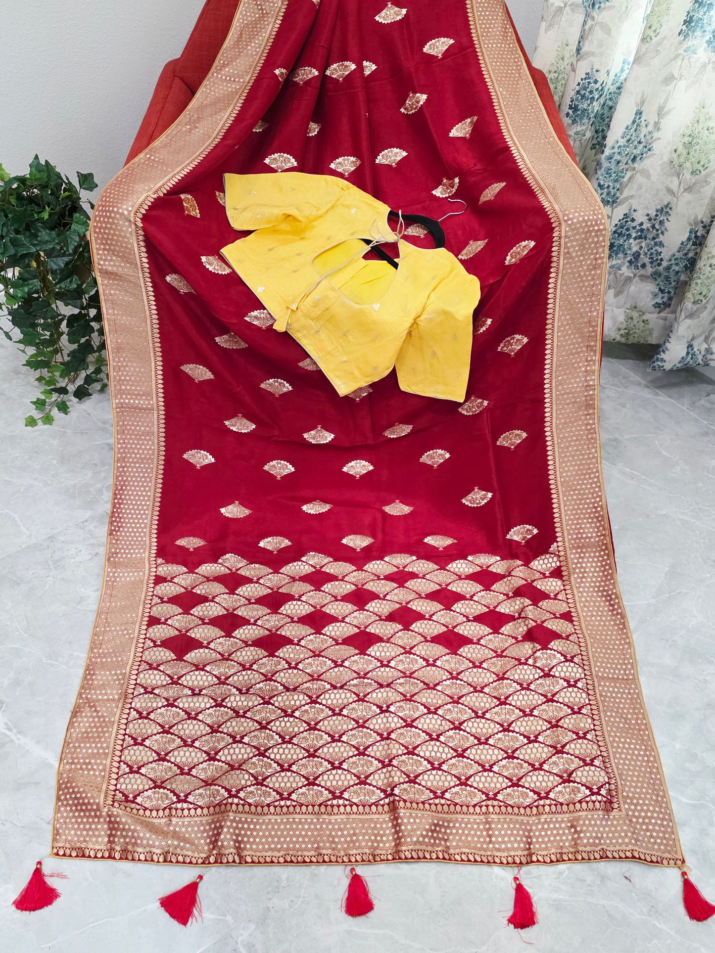 Royal Ruby Red Munga Crepe Silk Saree with Gold Brocade Border & Stitched Blouse