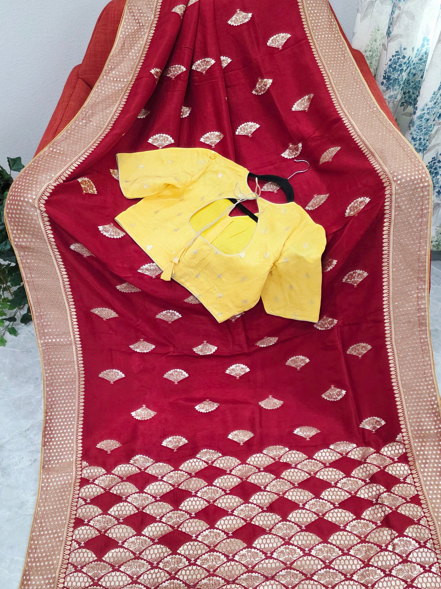 Royal Ruby Red Munga Crepe Silk Saree with Gold Brocade Border & Stitched Blouse