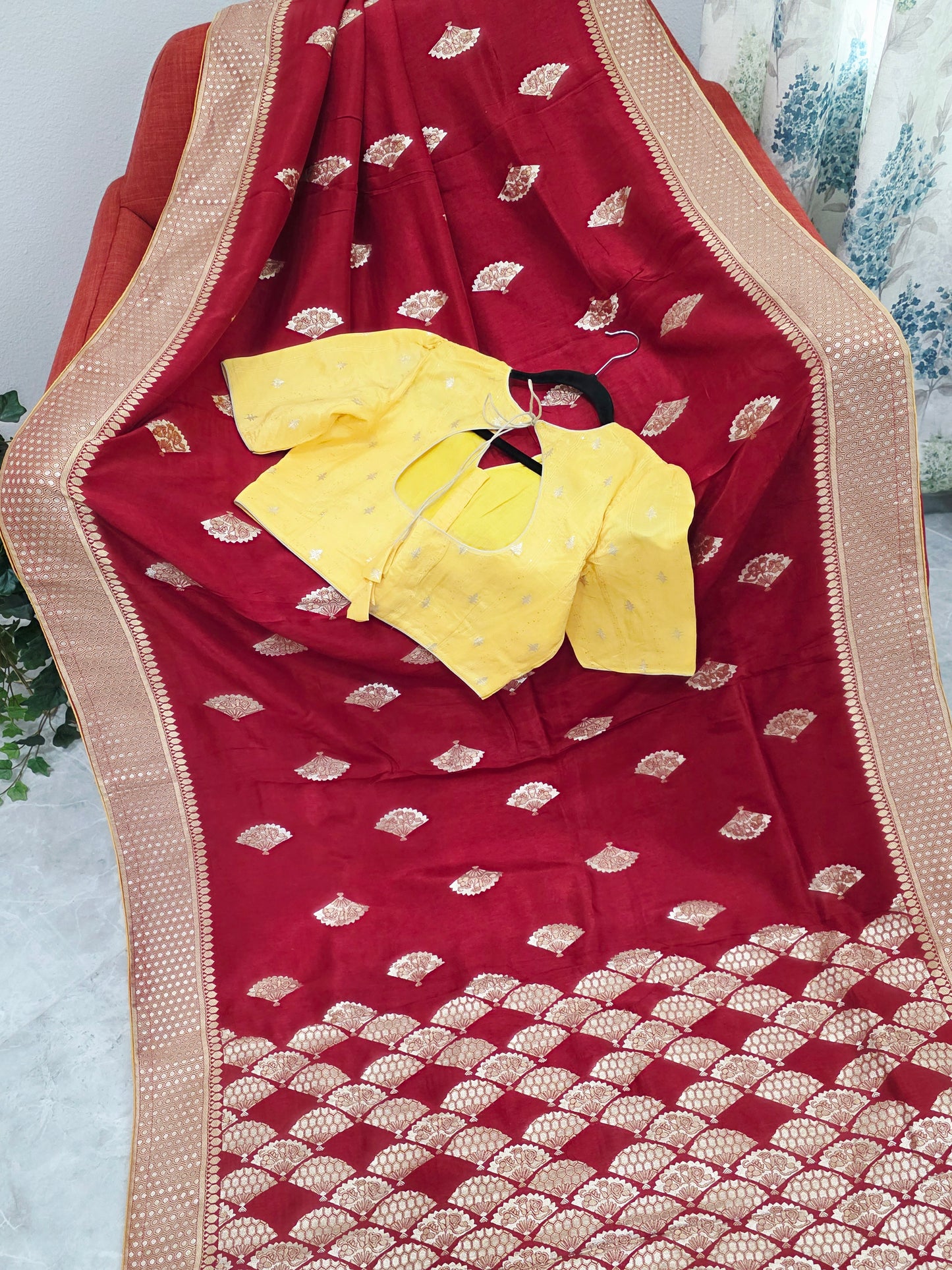 Royal Ruby Red Munga Crepe Silk Saree with Gold Brocade Border & Stitched Blouse