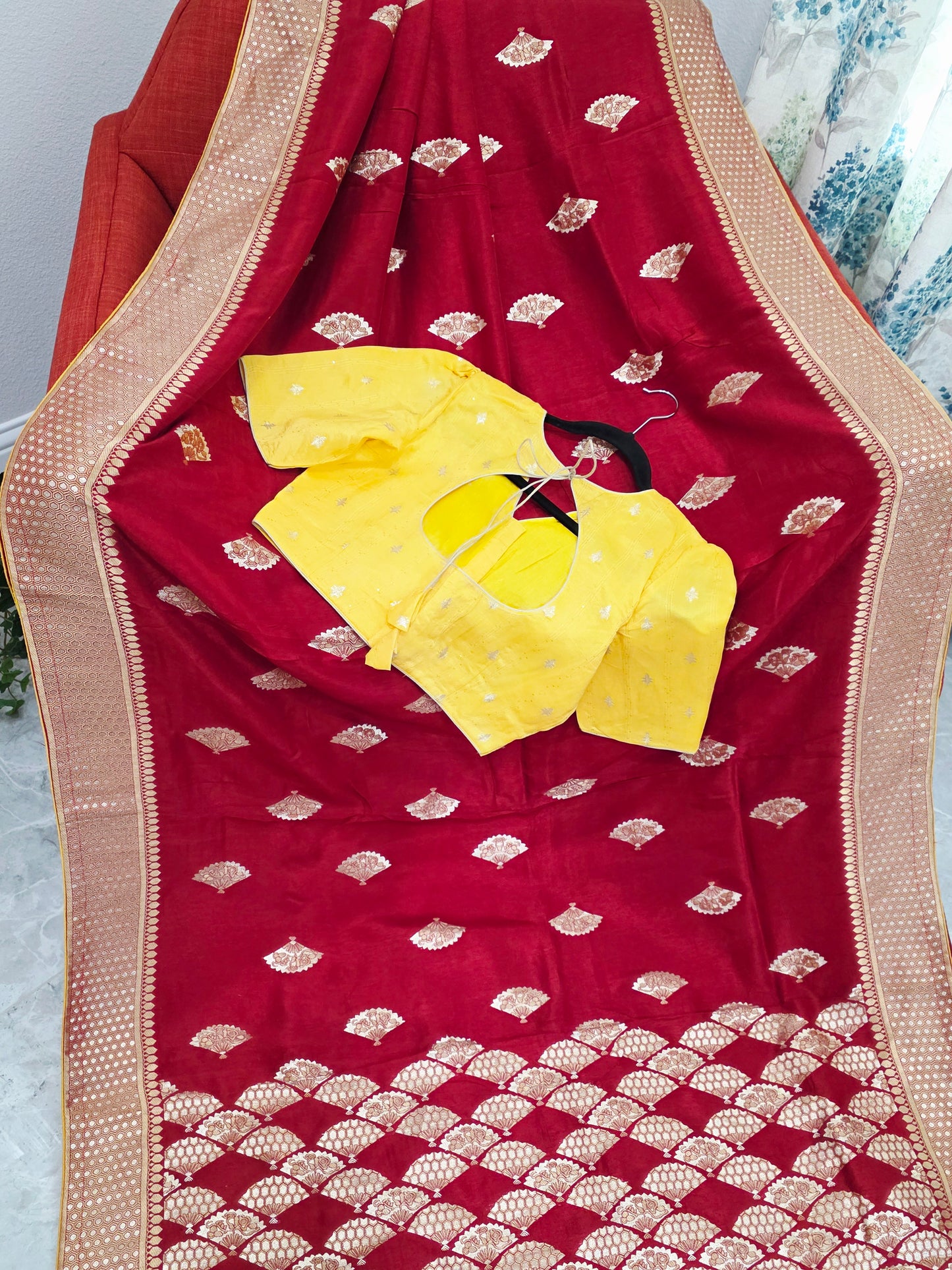 Royal Ruby Red Munga Crepe Silk Saree with Gold Brocade Border & Stitched Blouse