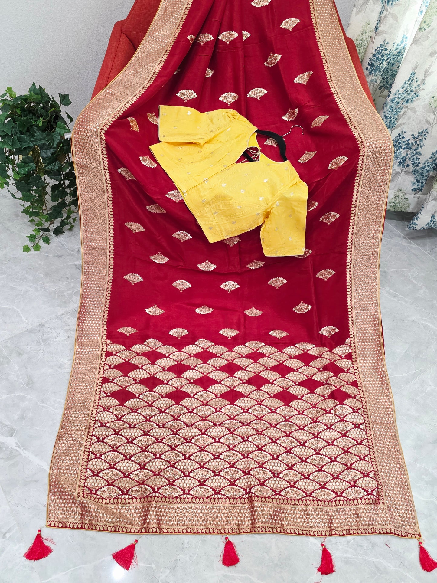 Royal Ruby Red Munga Crepe Silk Saree with Gold Brocade Border & Stitched Blouse