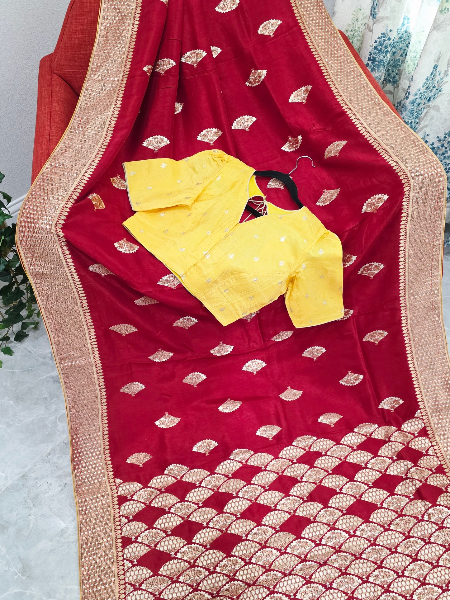Royal Ruby Red Munga Crepe Silk Saree with Gold Brocade Border & Stitched Blouse