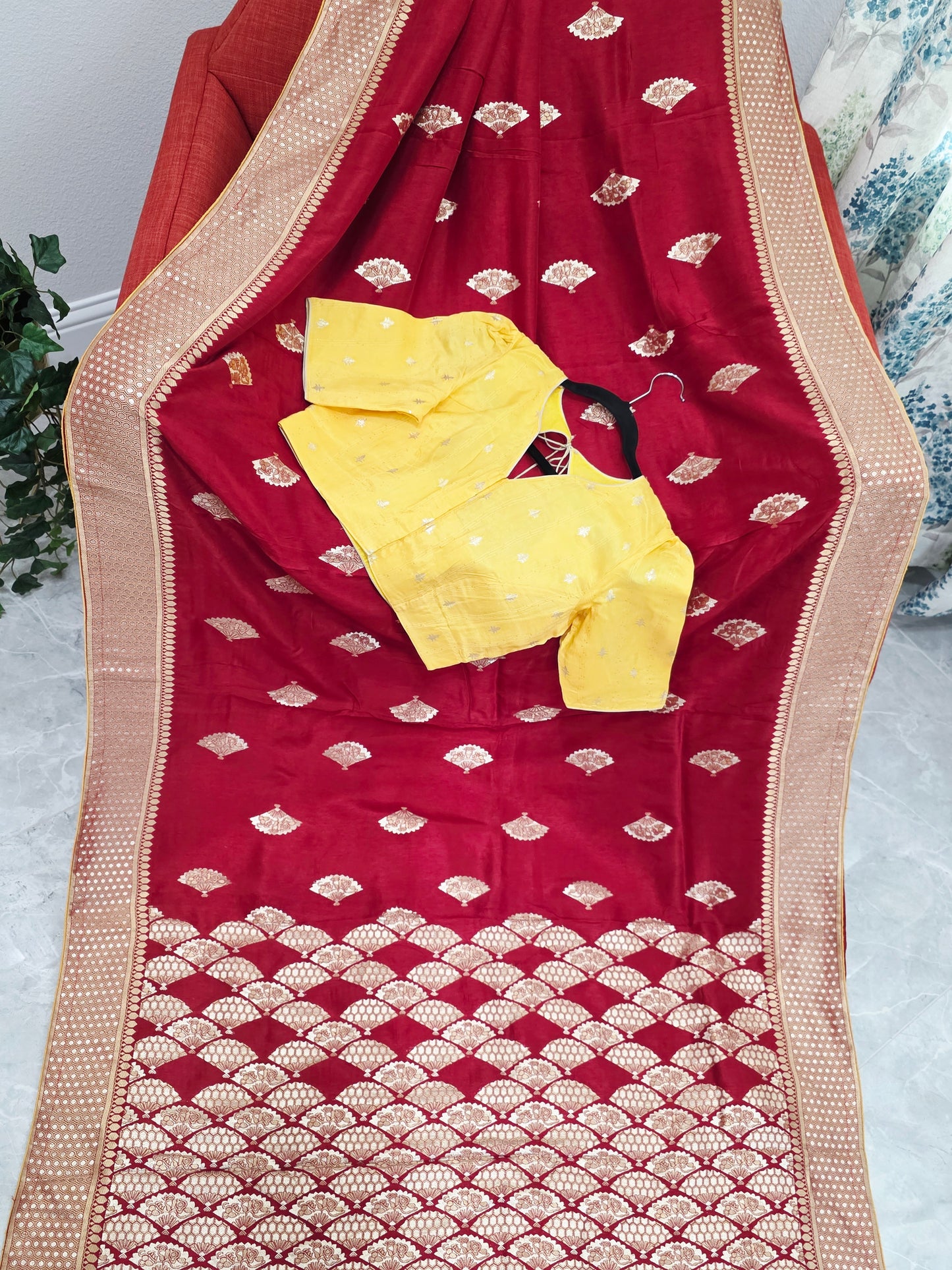 Royal Ruby Red Munga Crepe Silk Saree with Gold Brocade Border & Stitched Blouse