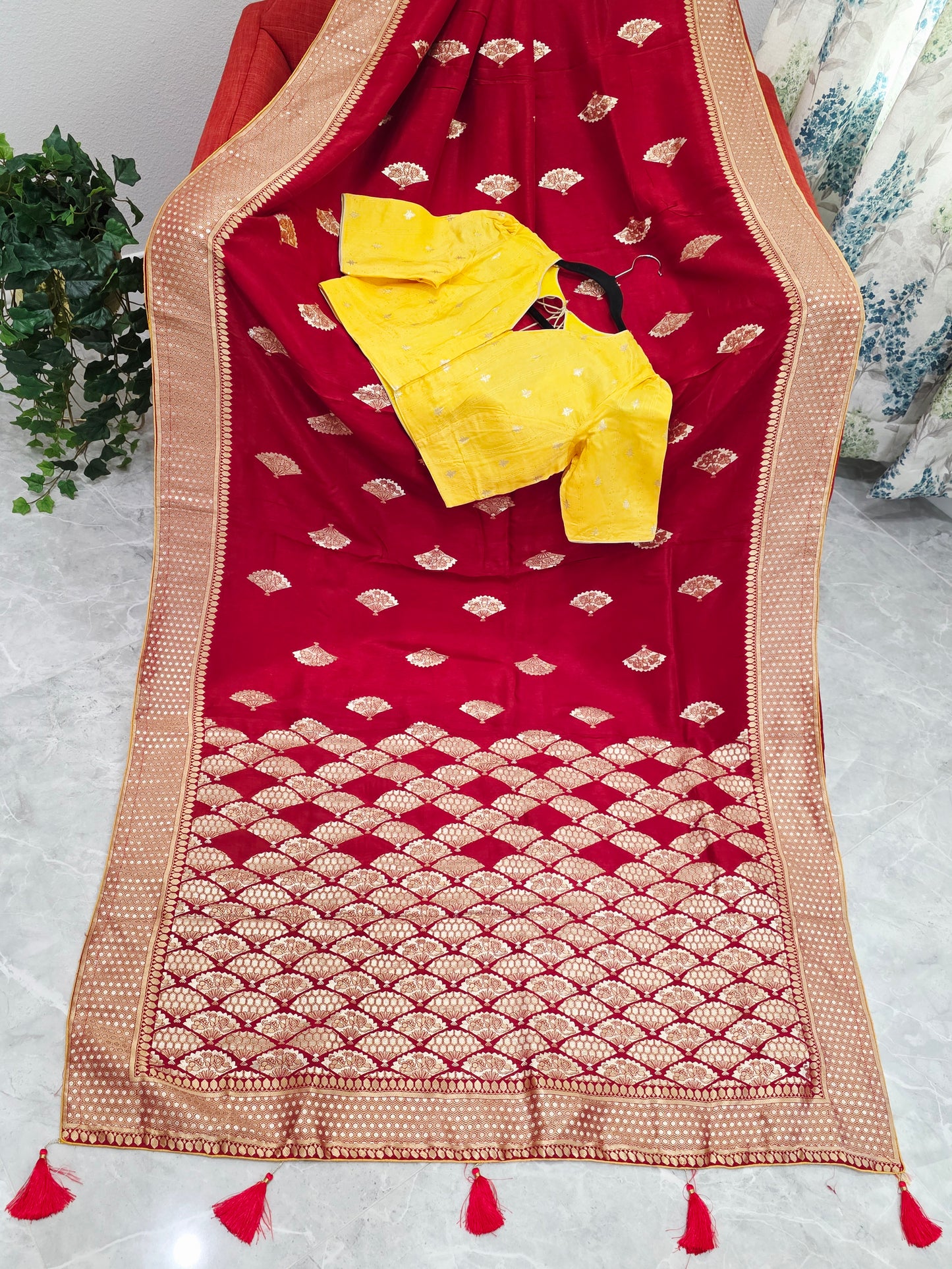 Royal Ruby Red Munga Crepe Silk Saree with Gold Brocade Border & Stitched Blouse
