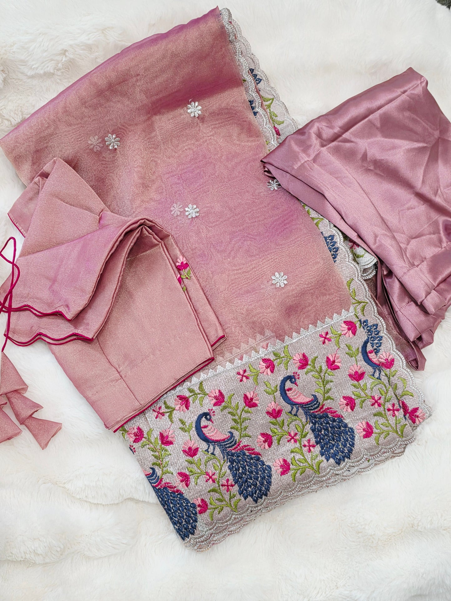 Dusty Rose Pink Tissue Saree with Peacock Embroidered Border, Stitched Blouse & Satin Petticoat