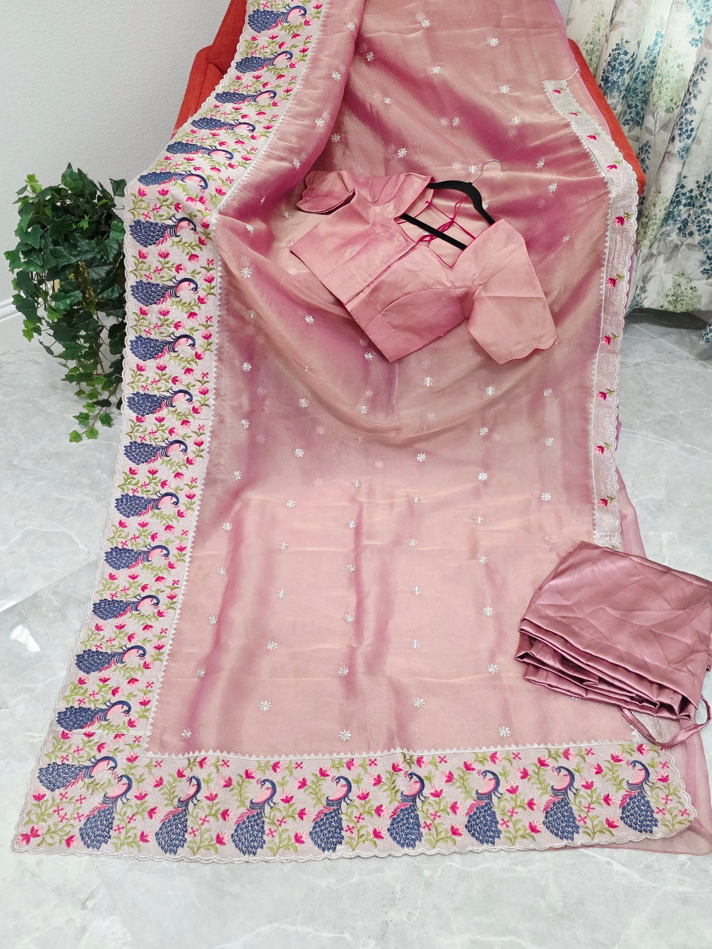 Dusty Rose Pink Tissue Saree with Peacock Embroidered Border, Stitched Blouse & Satin Petticoat