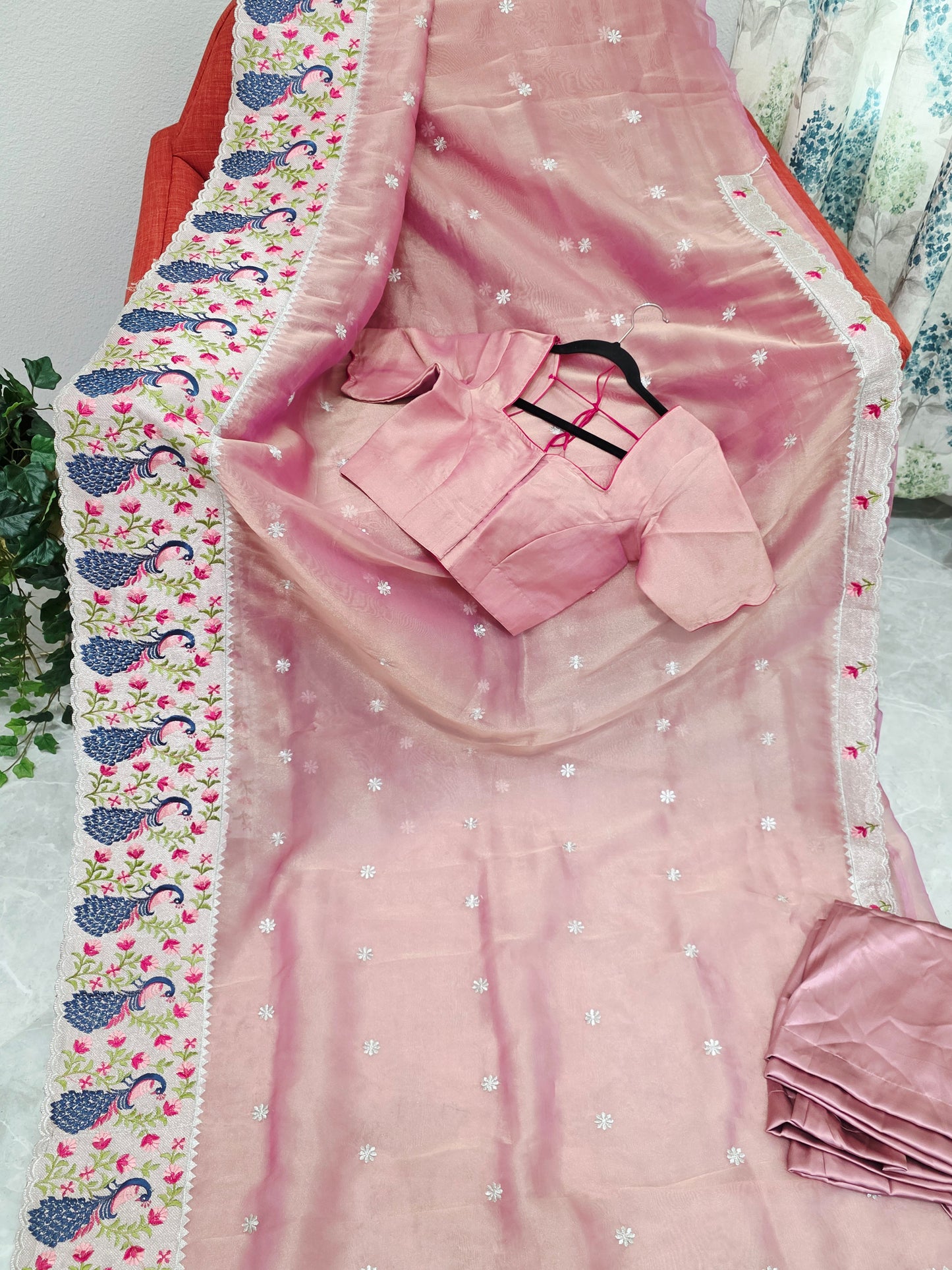 Dusty Rose Pink Tissue Saree with Peacock Embroidered Border, Stitched Blouse & Satin Petticoat