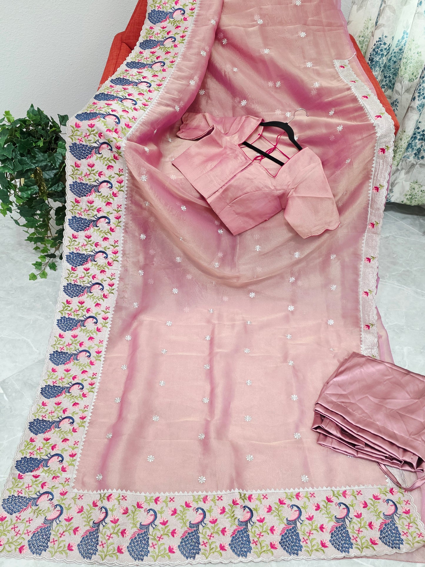 Dusty Rose Pink Tissue Saree with Peacock Embroidered Border, Stitched Blouse & Satin Petticoat