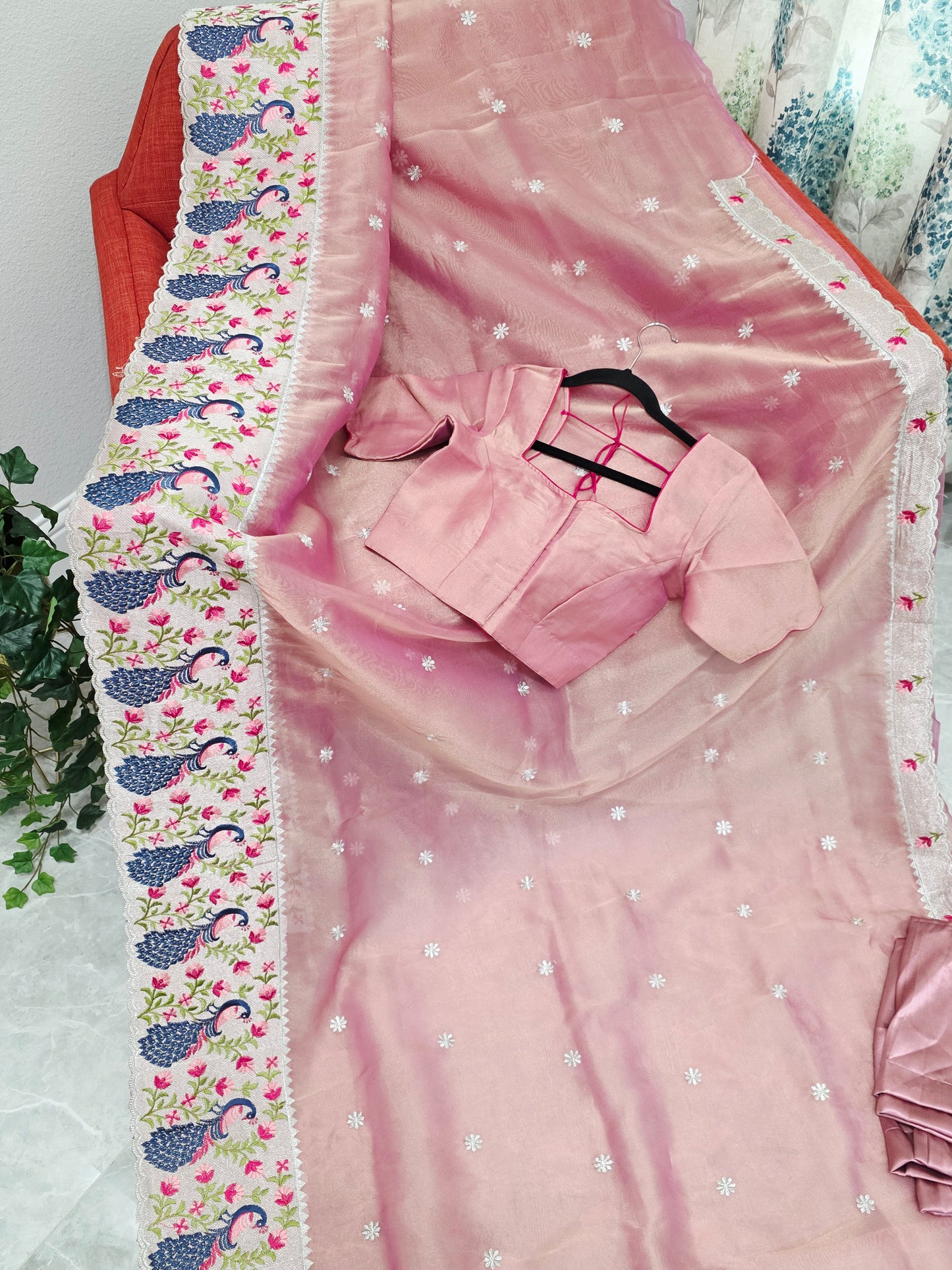 Dusty Rose Pink Tissue Saree with Peacock Embroidered Border, Stitched Blouse & Satin Petticoat