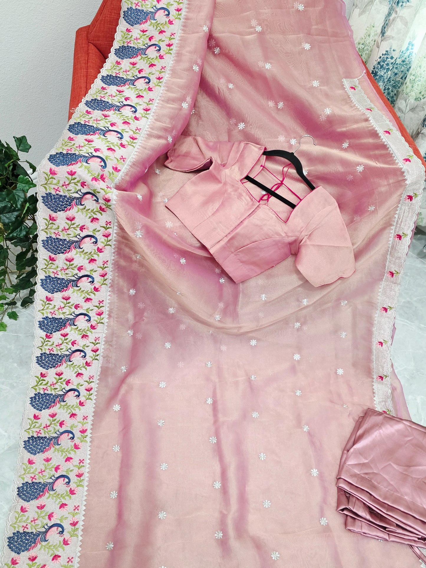Dusty Rose Pink Tissue Saree with Peacock Embroidered Border, Stitched Blouse & Satin Petticoat