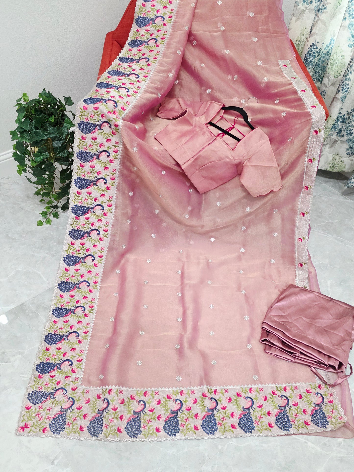 Dusty Rose Pink Tissue Saree with Peacock Embroidered Border, Stitched Blouse & Satin Petticoat