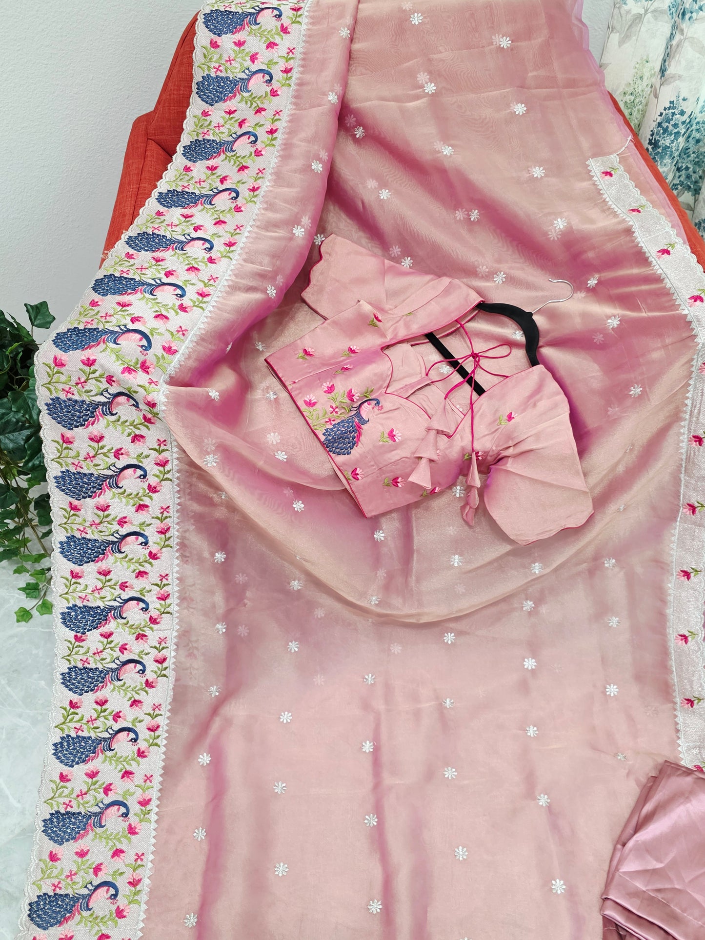 Dusty Rose Pink Tissue Saree with Peacock Embroidered Border, Stitched Blouse & Satin Petticoat