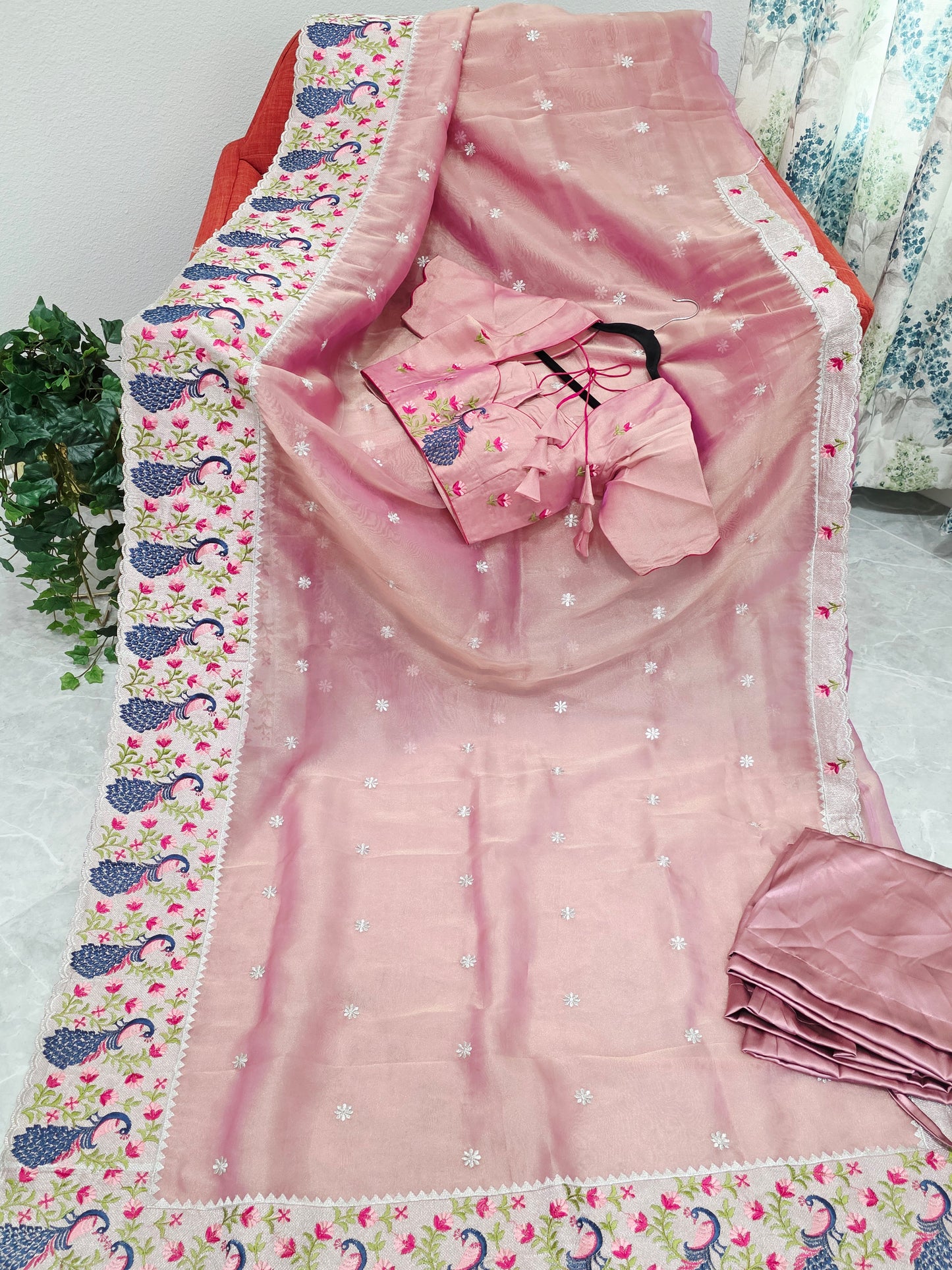 Dusty Rose Pink Tissue Saree with Peacock Embroidered Border, Stitched Blouse & Satin Petticoat