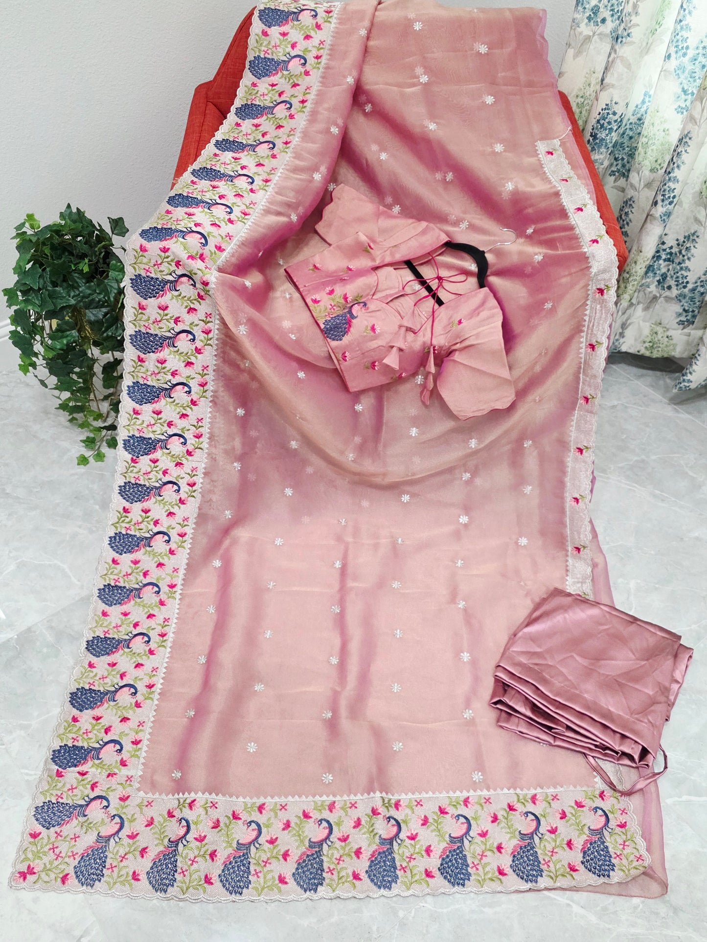 Dusty Rose Pink Tissue Saree with Peacock Embroidered Border, Stitched Blouse & Satin Petticoat