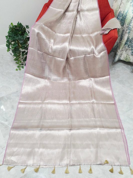 Pastel Champagne Blush Benarasi Brocade Designer Tissue Saree with Unstitched Blouse Piece