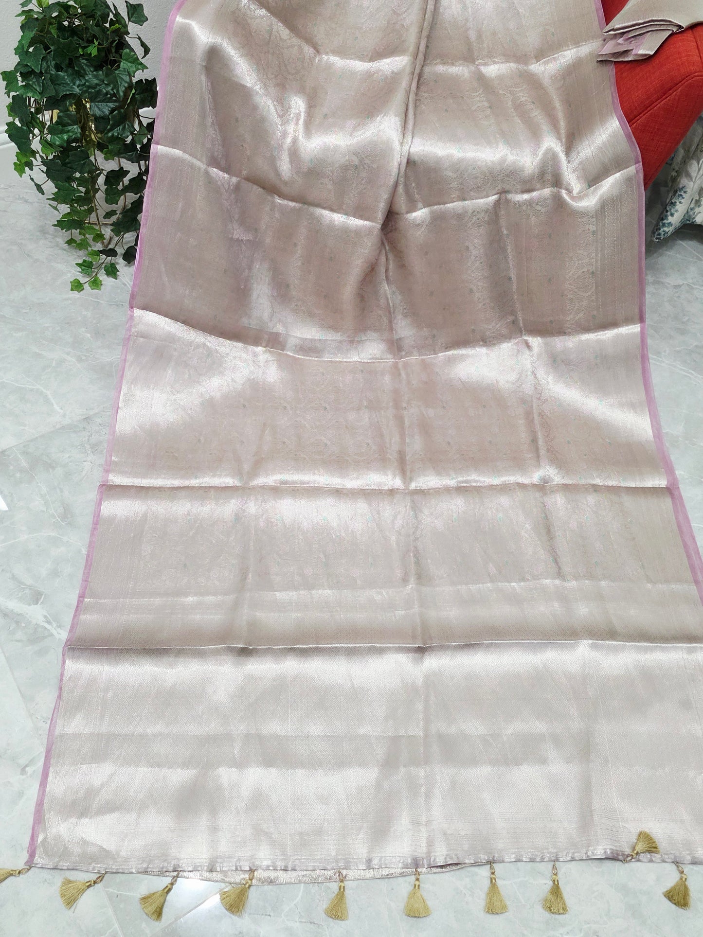 Pastel Champagne Blush Benarasi Brocade Designer Tissue Saree with Unstitched Blouse Piece