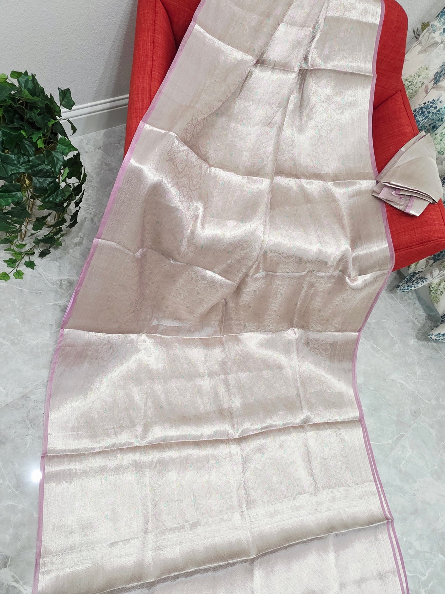 Pastel Champagne Blush Benarasi Brocade Designer Tissue Saree with Unstitched Blouse Piece
