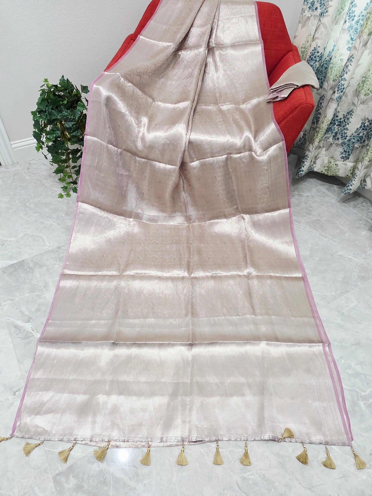 Pastel Champagne Blush Benarasi Brocade Designer Tissue Saree with Unstitched Blouse Piece