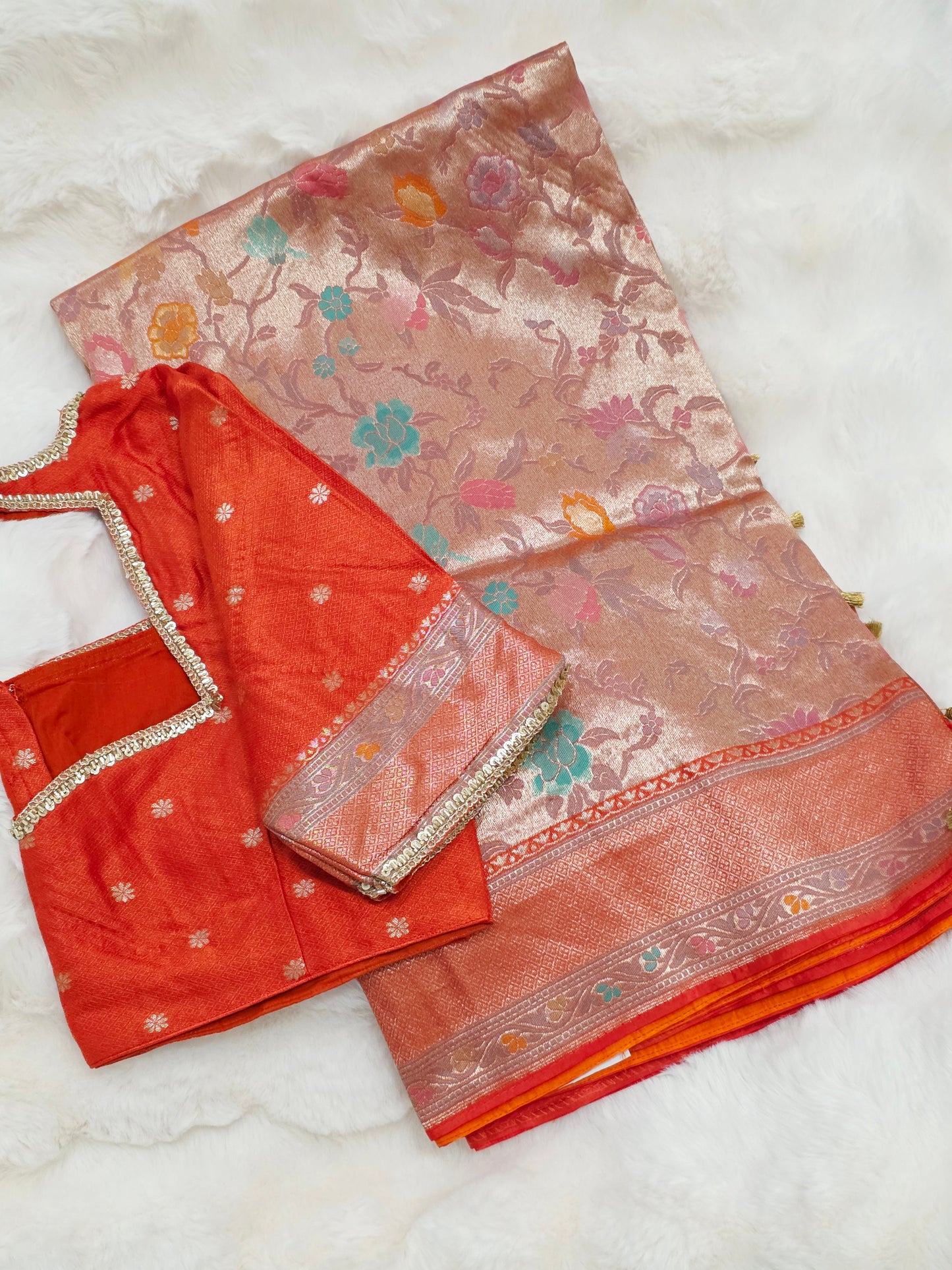 Sunset Orange Benarasi Paithani Brocade Designer Saree with Stitched Blouse