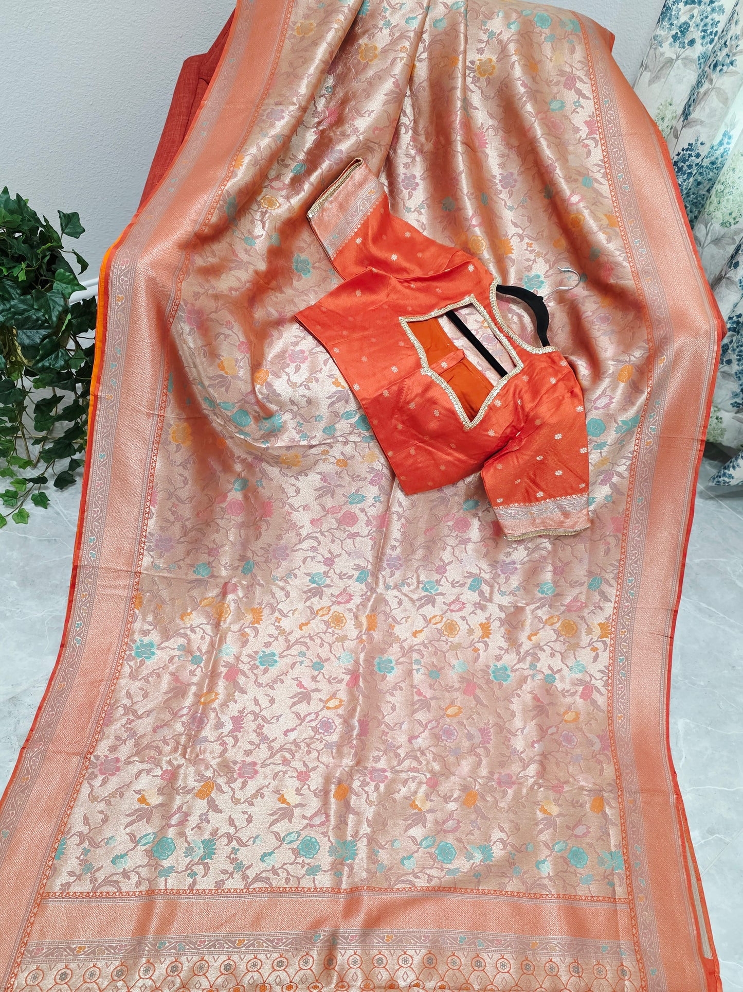Sunset Orange Benarasi Paithani Brocade Designer Saree with Stitched Blouse