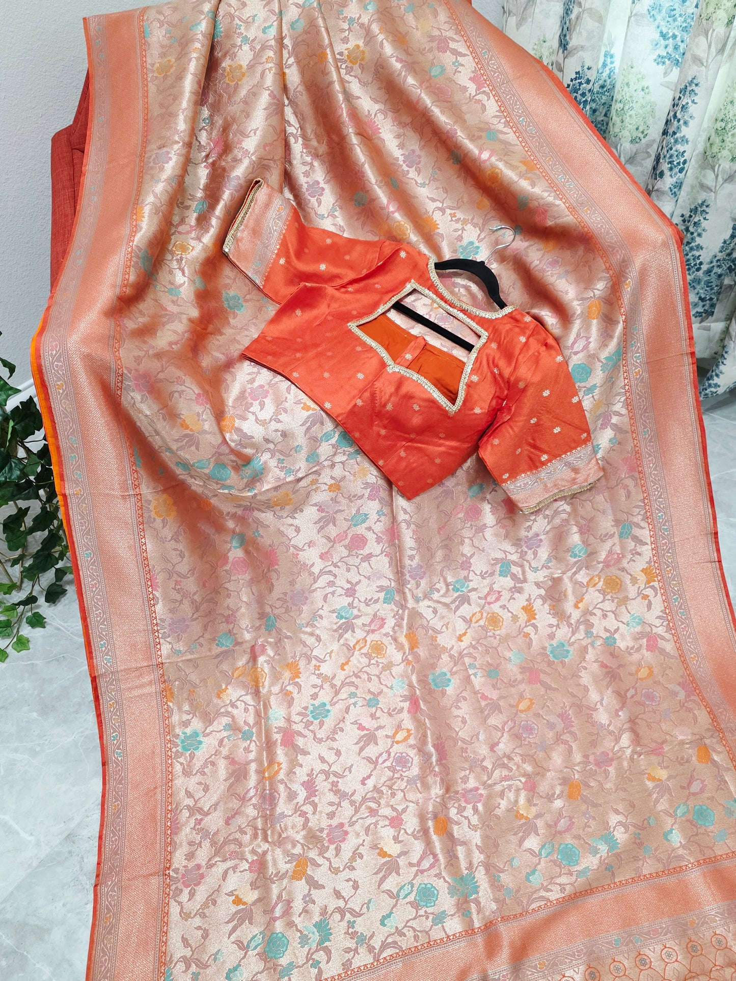 Sunset Orange Benarasi Paithani Brocade Designer Saree with Stitched Blouse