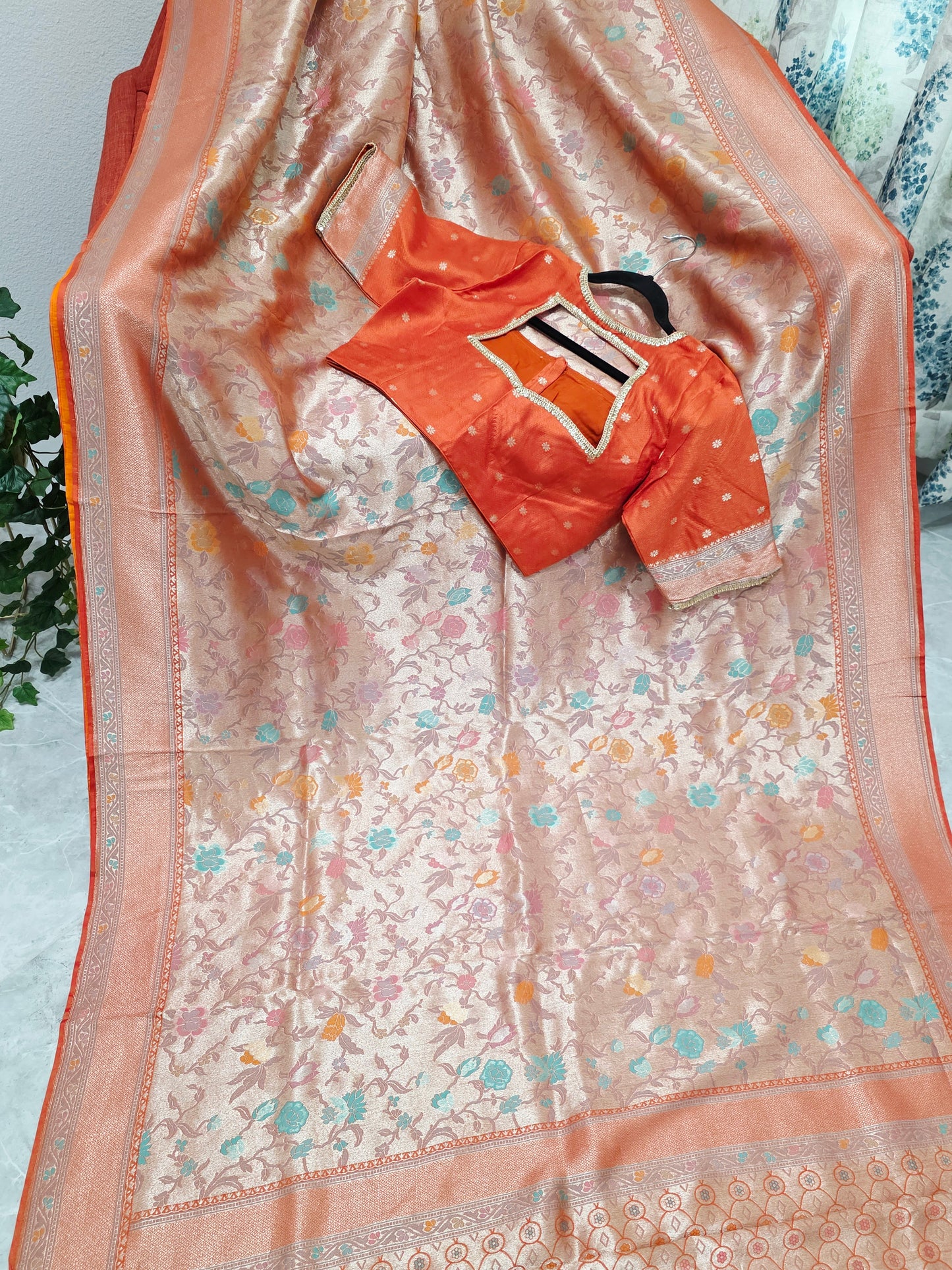 Sunset Orange Benarasi Paithani Brocade Designer Saree with Stitched Blouse