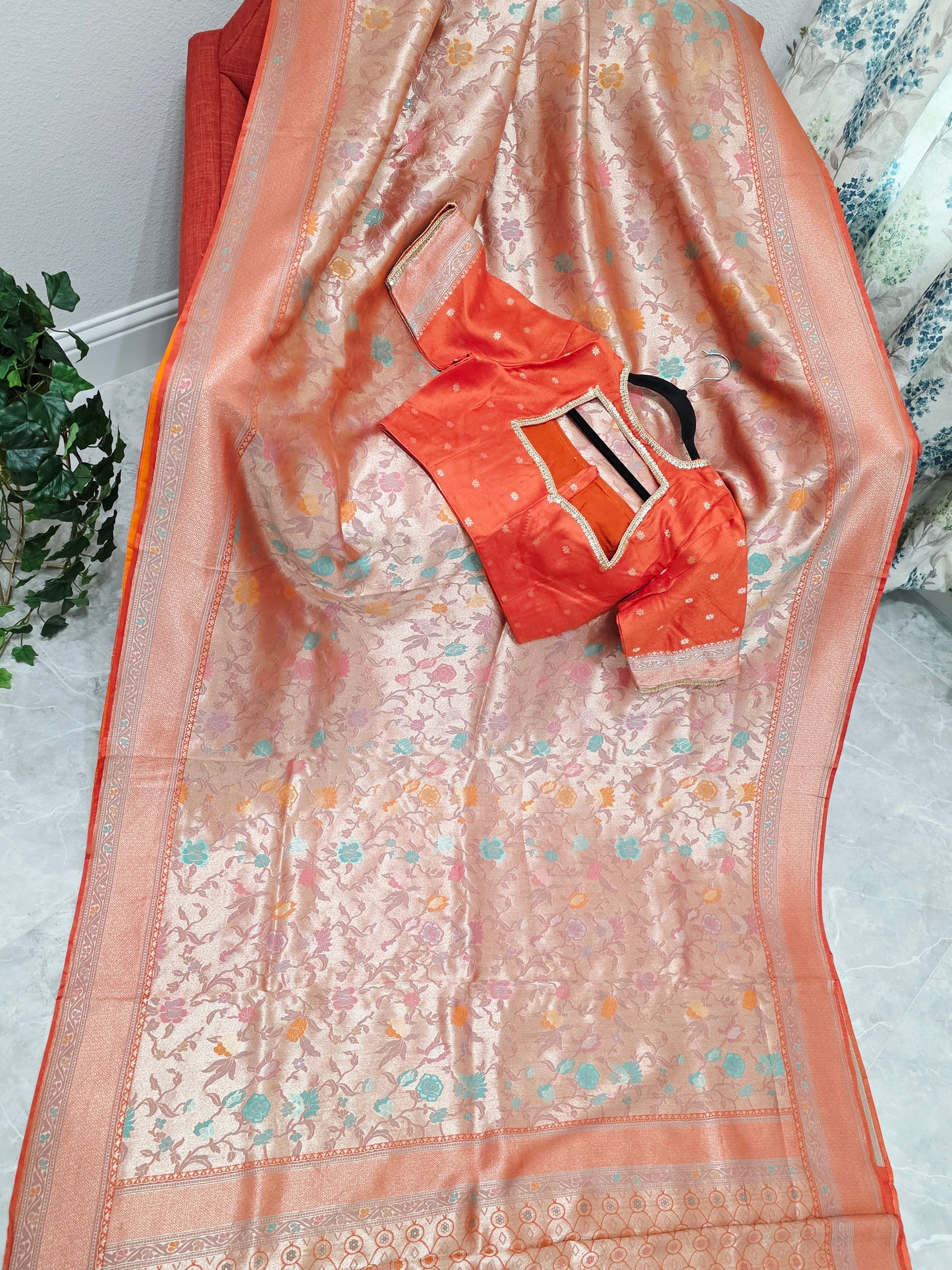 Sunset Orange Benarasi Paithani Brocade Designer Saree with Stitched Blouse