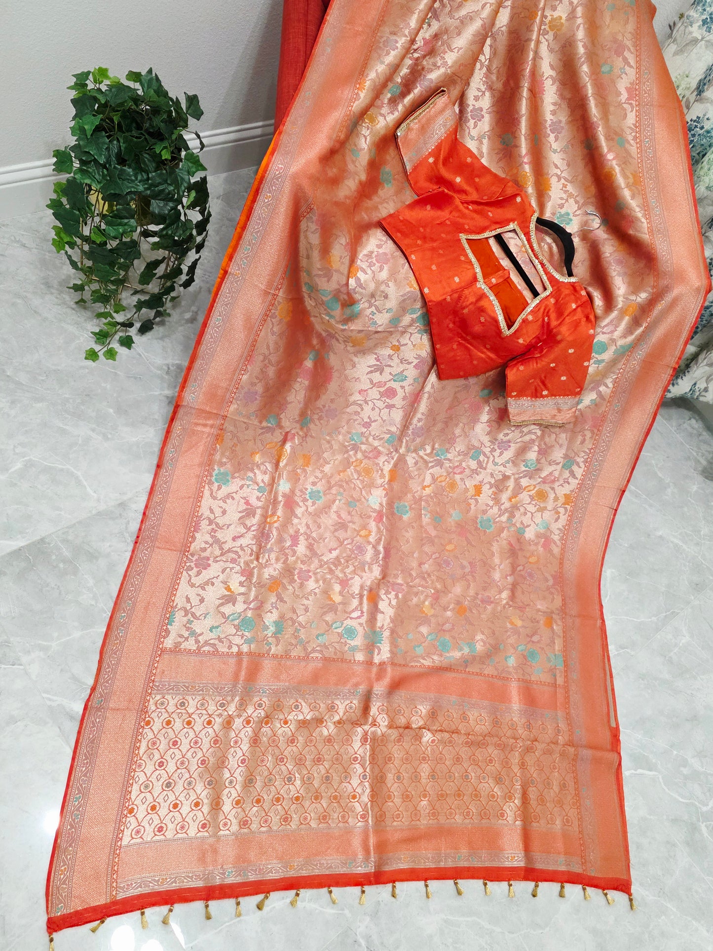 Sunset Orange Benarasi Paithani Brocade Designer Saree with Stitched Blouse