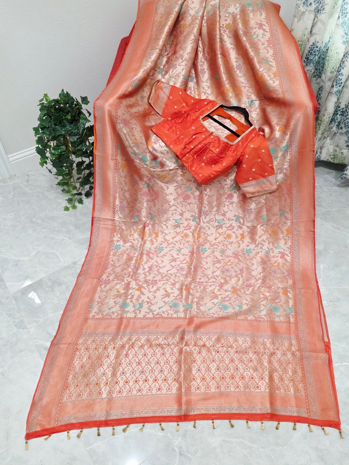Sunset Orange Benarasi Paithani Brocade Designer Saree with Stitched Blouse